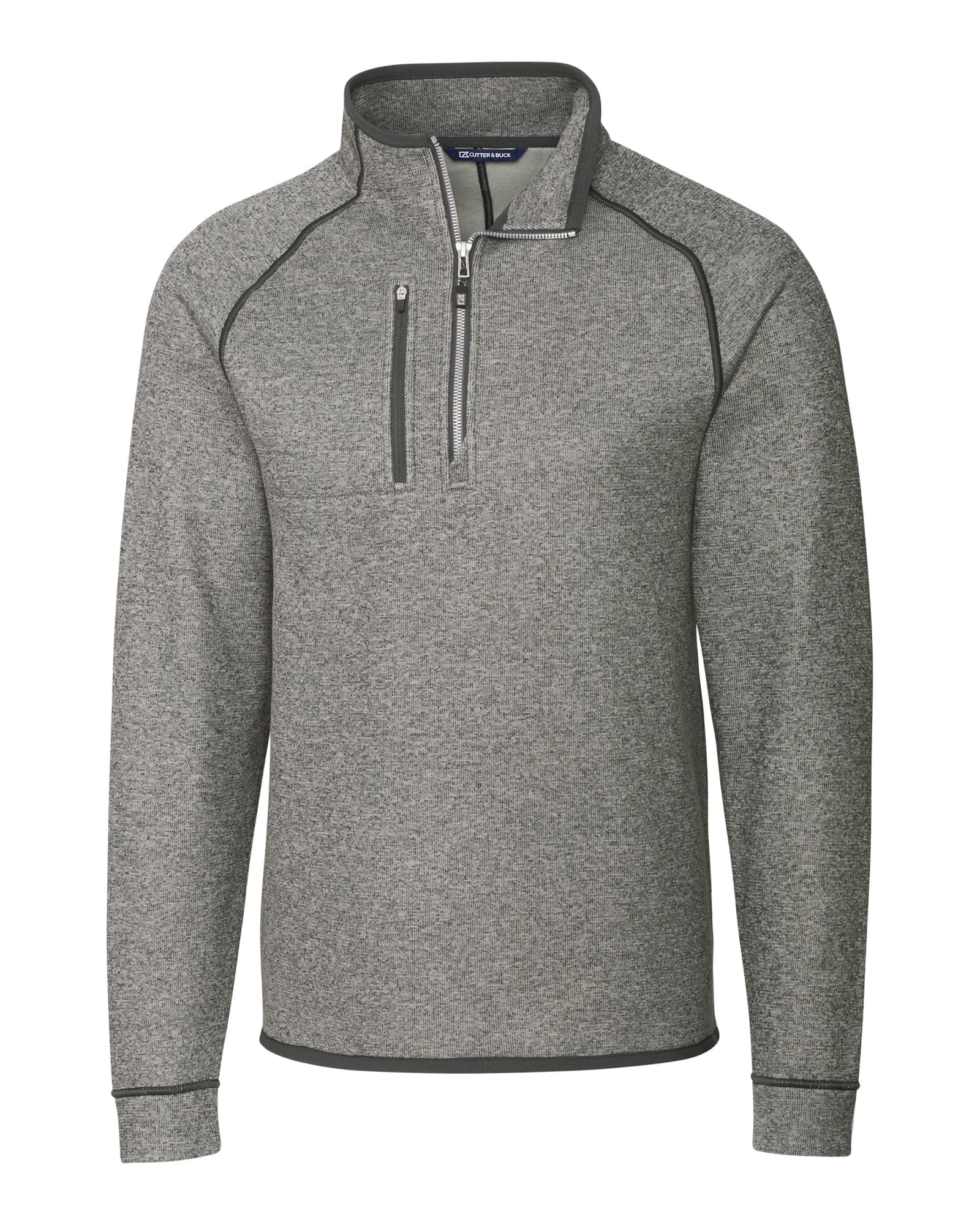 A grey polar fleece half zip jacket with a subtle textured pattern and contrasting trim, featuring a logo on the front.