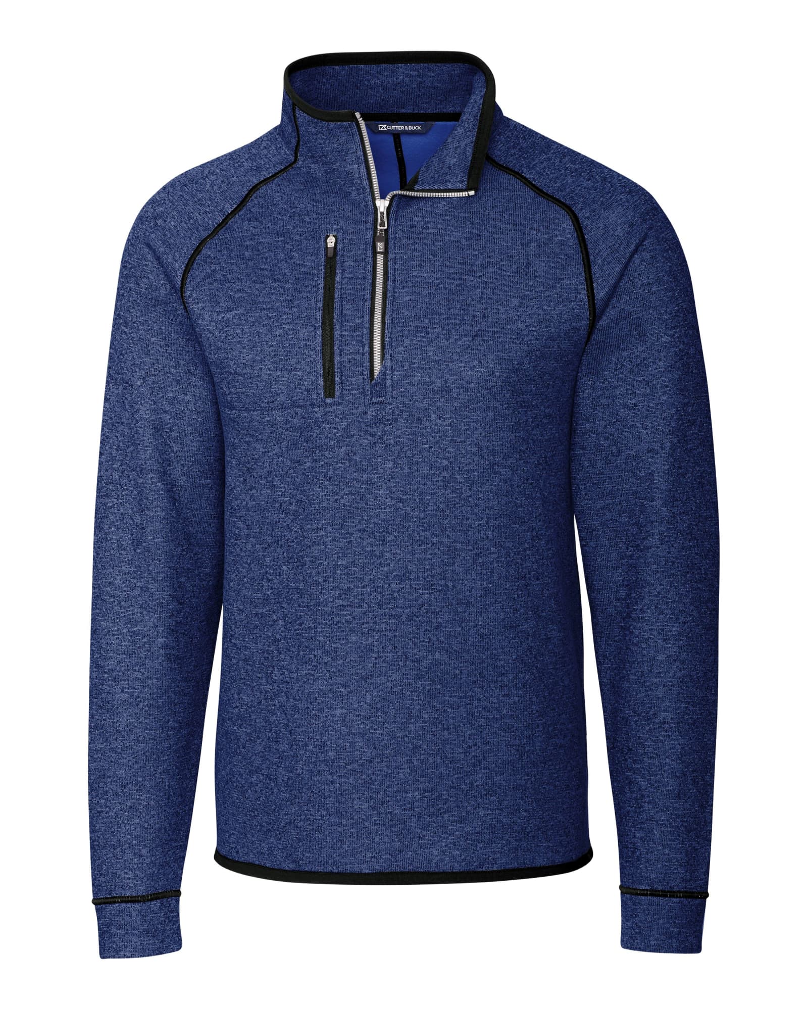 A navy blue men's jacket featuring a half zip design, with a contrasting black zipper and stitching details.
