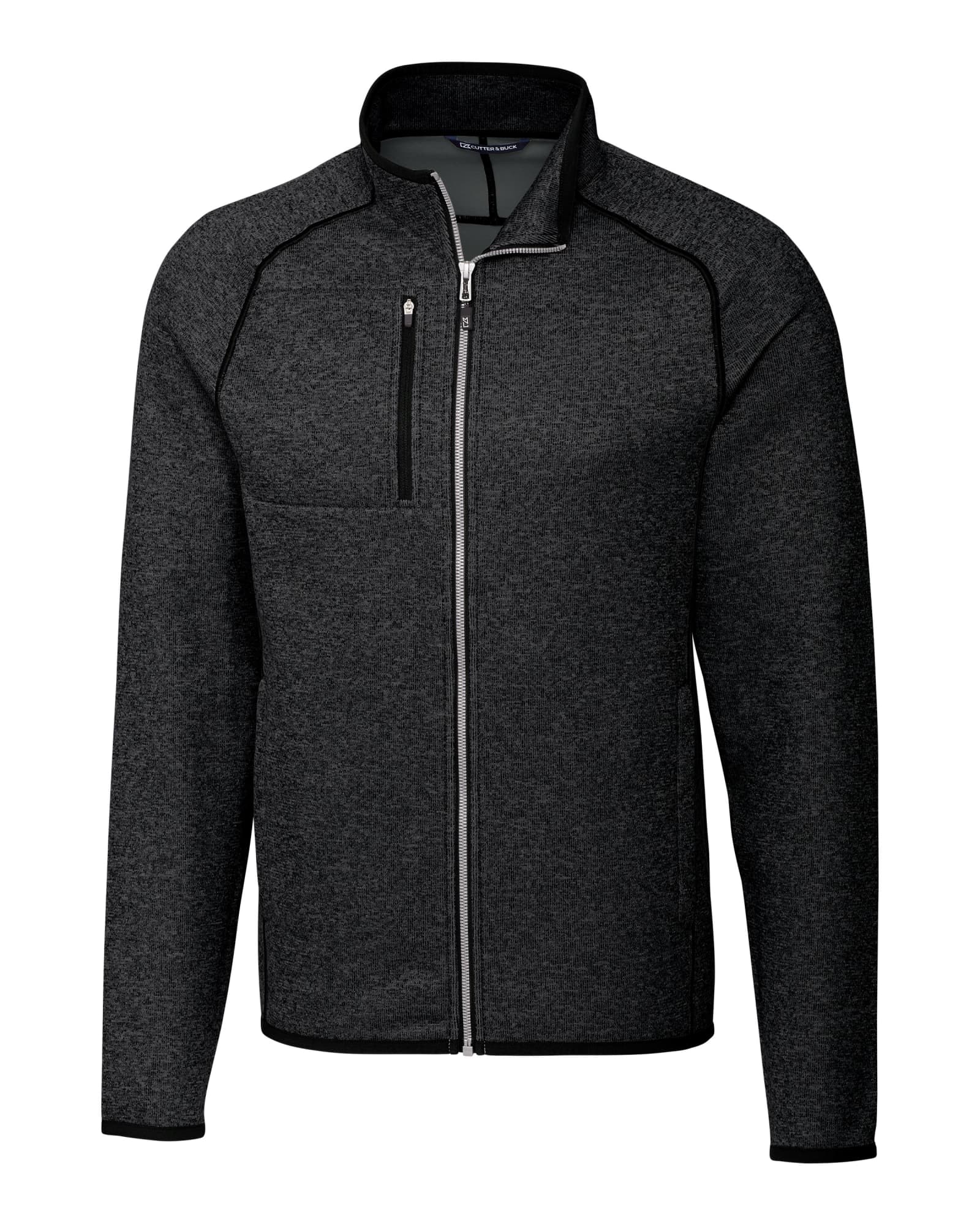 A black full zip jacket featuring a zippered chest pocket and a logo on the upper left side.