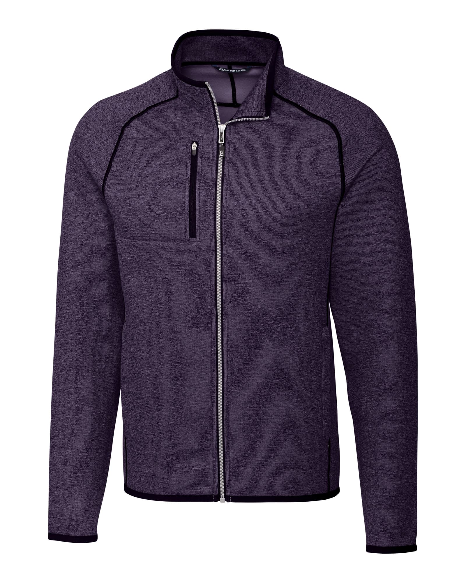 A purple full zip jacket with a high collar, zippered chest pocket, and black trim. Features a logo on the chest.