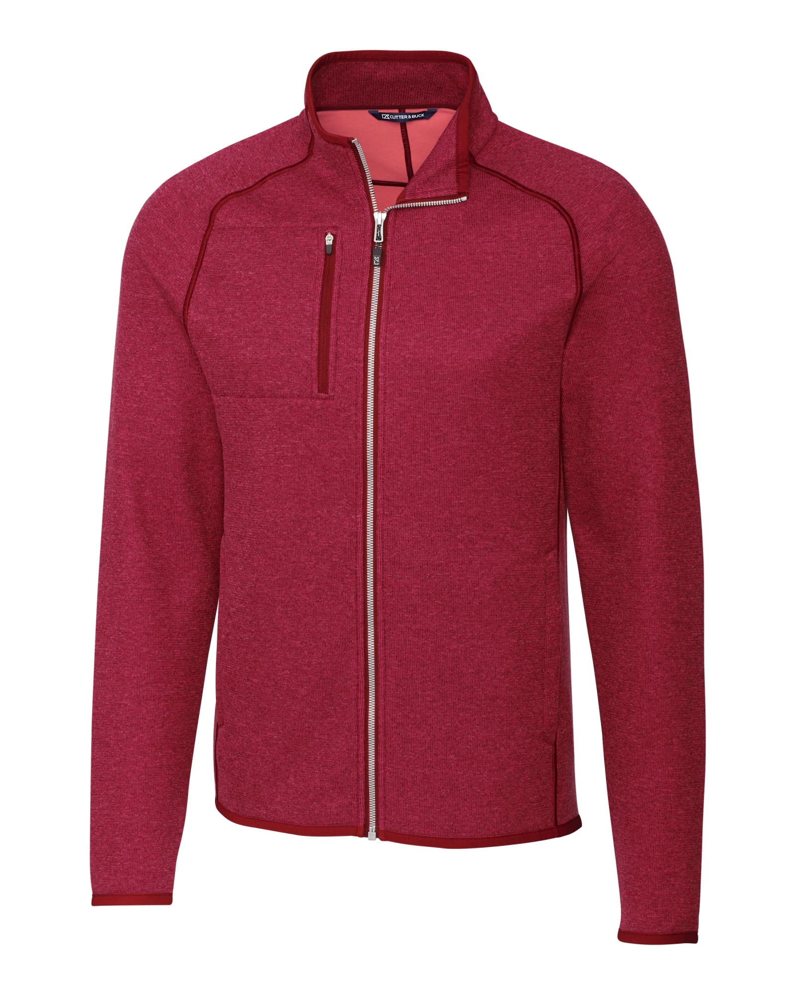 A red full zip jacket with a high collar and a zippered chest pocket, featuring a logo.