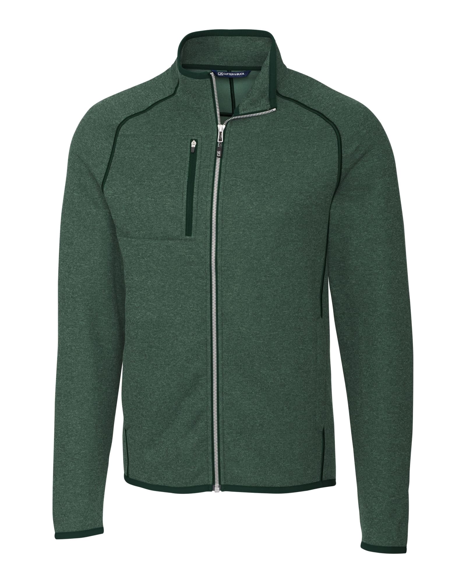 A green full zip jacket featuring a front pocket and contrasting seams, with a logo on the chest.