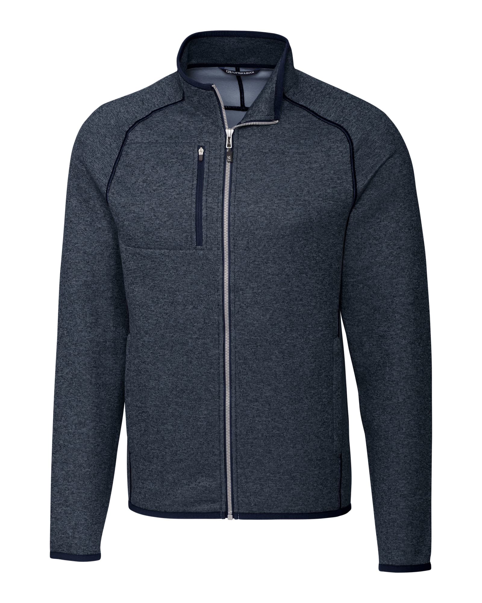 Men's full zip jacket in dark navy with a zippered chest pocket and a logo on the chest.
