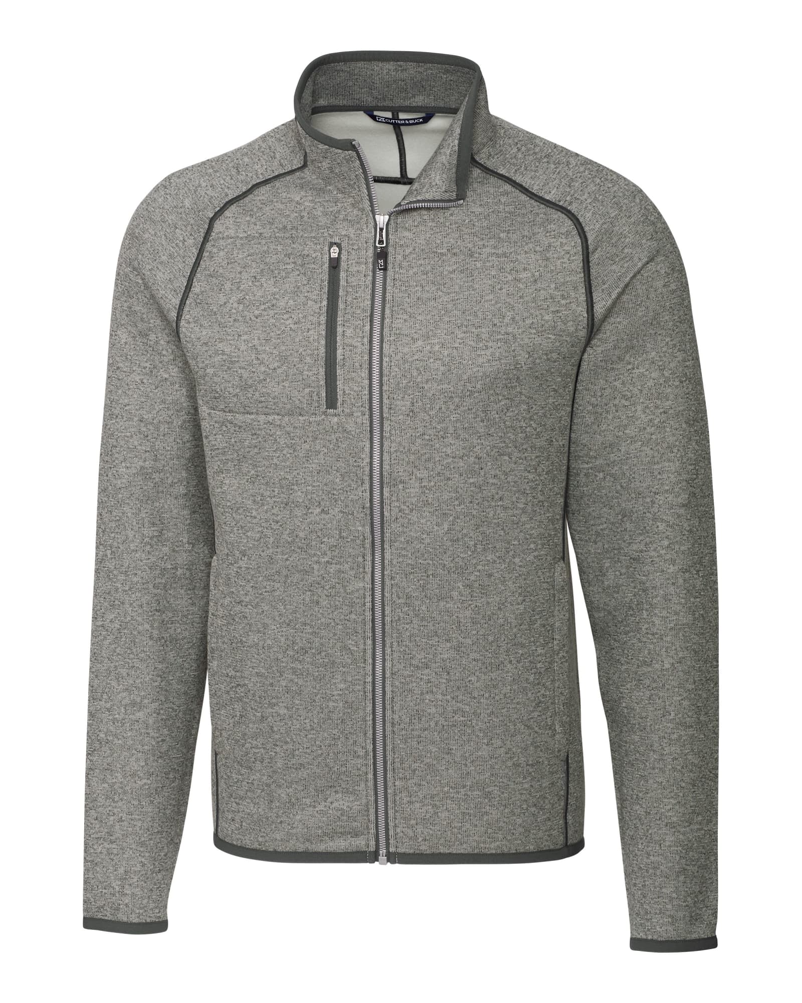 A grey full zip jacket with a zippered chest pocket and contrasting trim. It has a logo on the chest area.