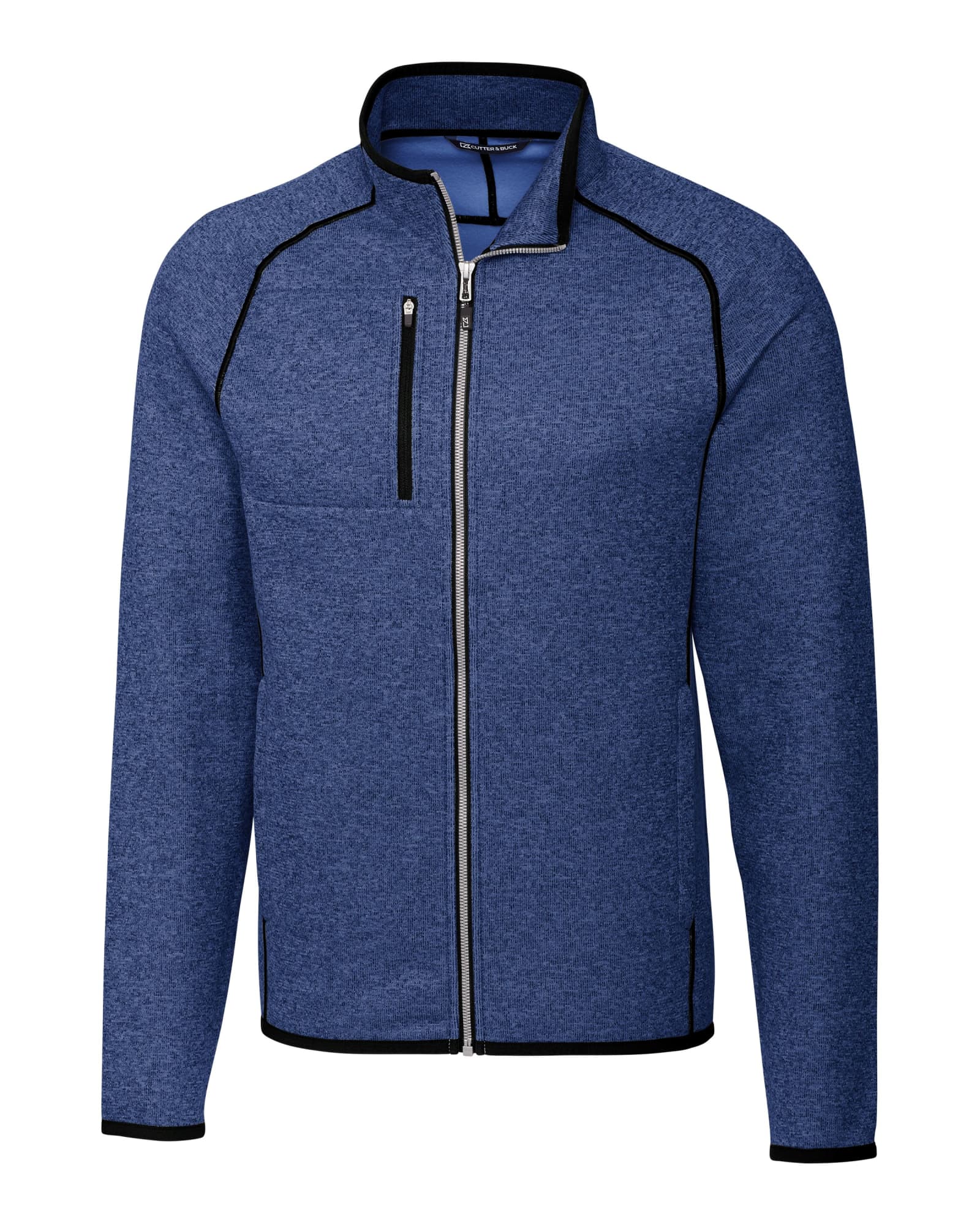Men's Mainsail Full Zip Jacket in blue, featuring a zip pocket and contrasting black trim. Includes branding on the jacket.
