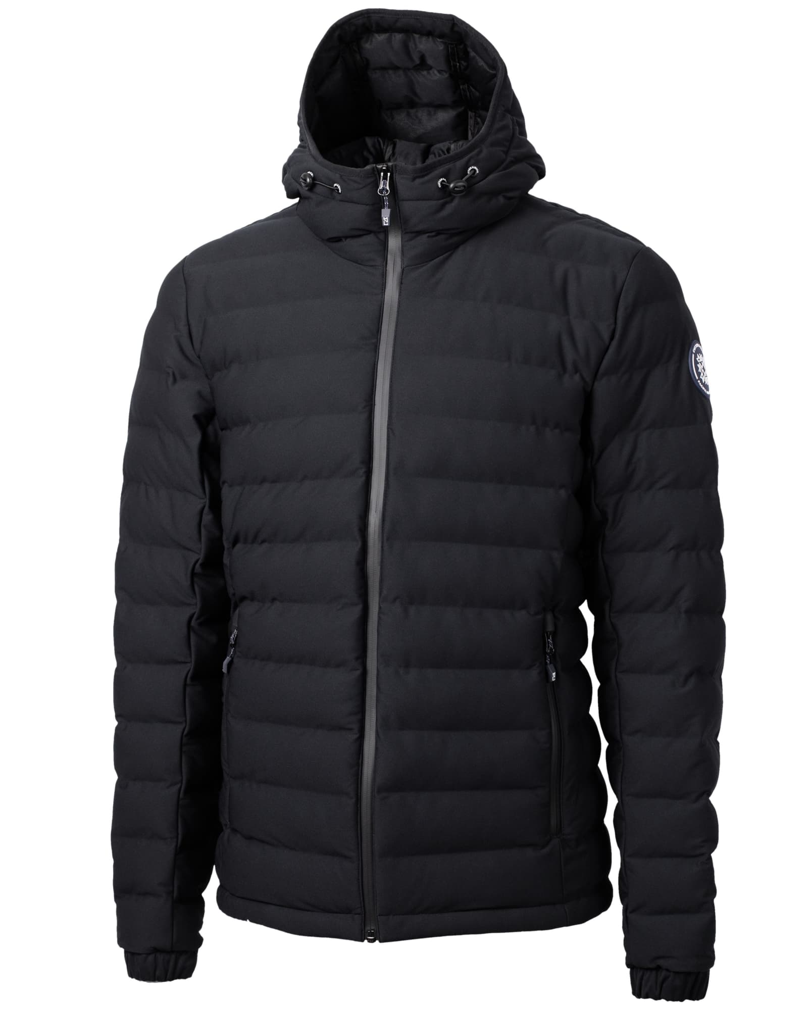 A black puffer jacket featuring a hood and a logo on the sleeve. It has a zip front and is quilted.