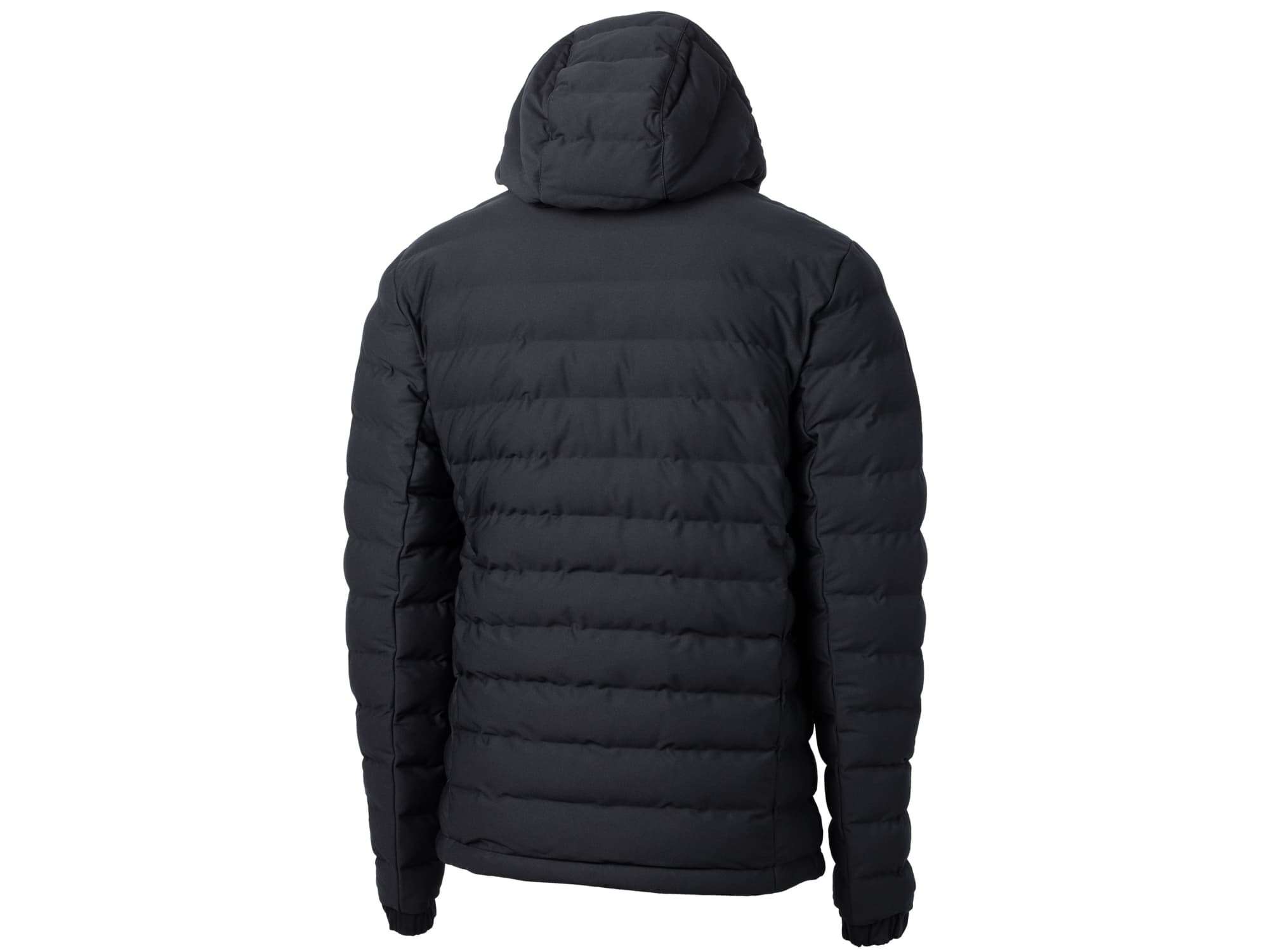A black Men's Mission Ridge Puffer jacket featuring a hood and a quilted design, with a logo on the back.