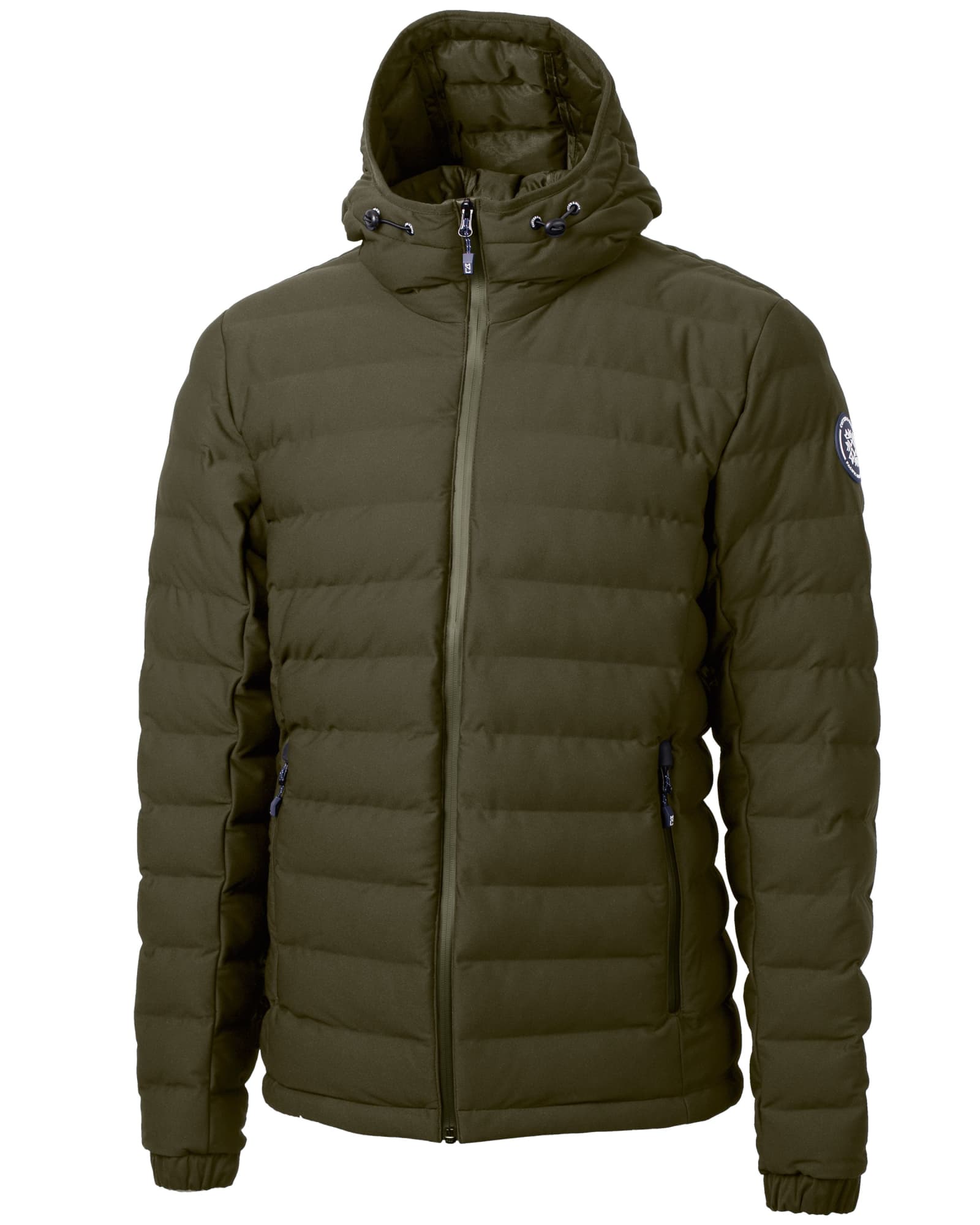 A men's puffer jacket in olive green with a hood, featuring a branded logo on one sleeve.
