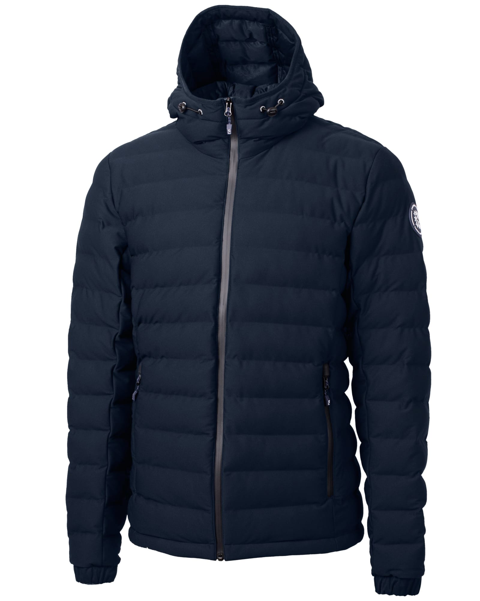 A navy blue Men's Mission Ridge Puffer jacket with a hood and zipper pockets. It features a logo on the sleeve.