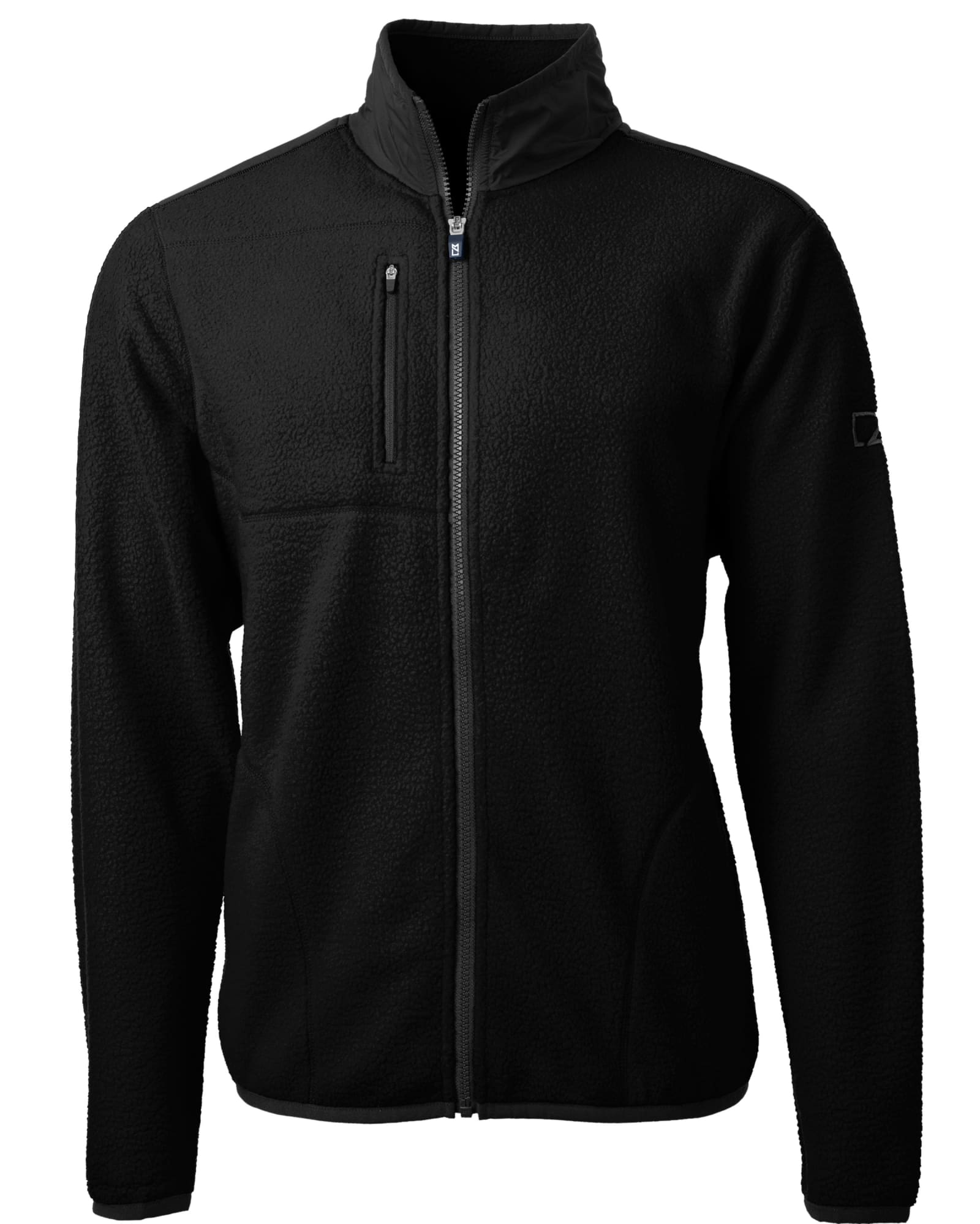 A black men's sherpa jacket with a zippered front, featuring a chest pocket and a logo on the sleeve.