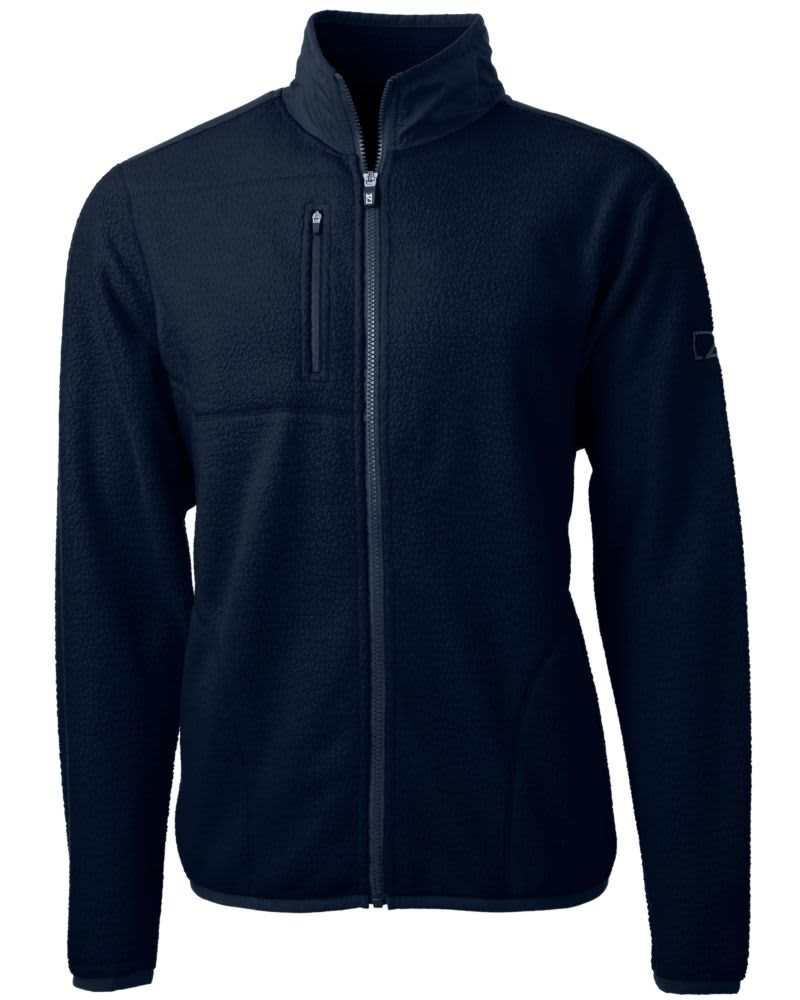 A dark navy blue men's fleece jacket with a full zip and standing collar. It features a zip pocket and has a logo.
