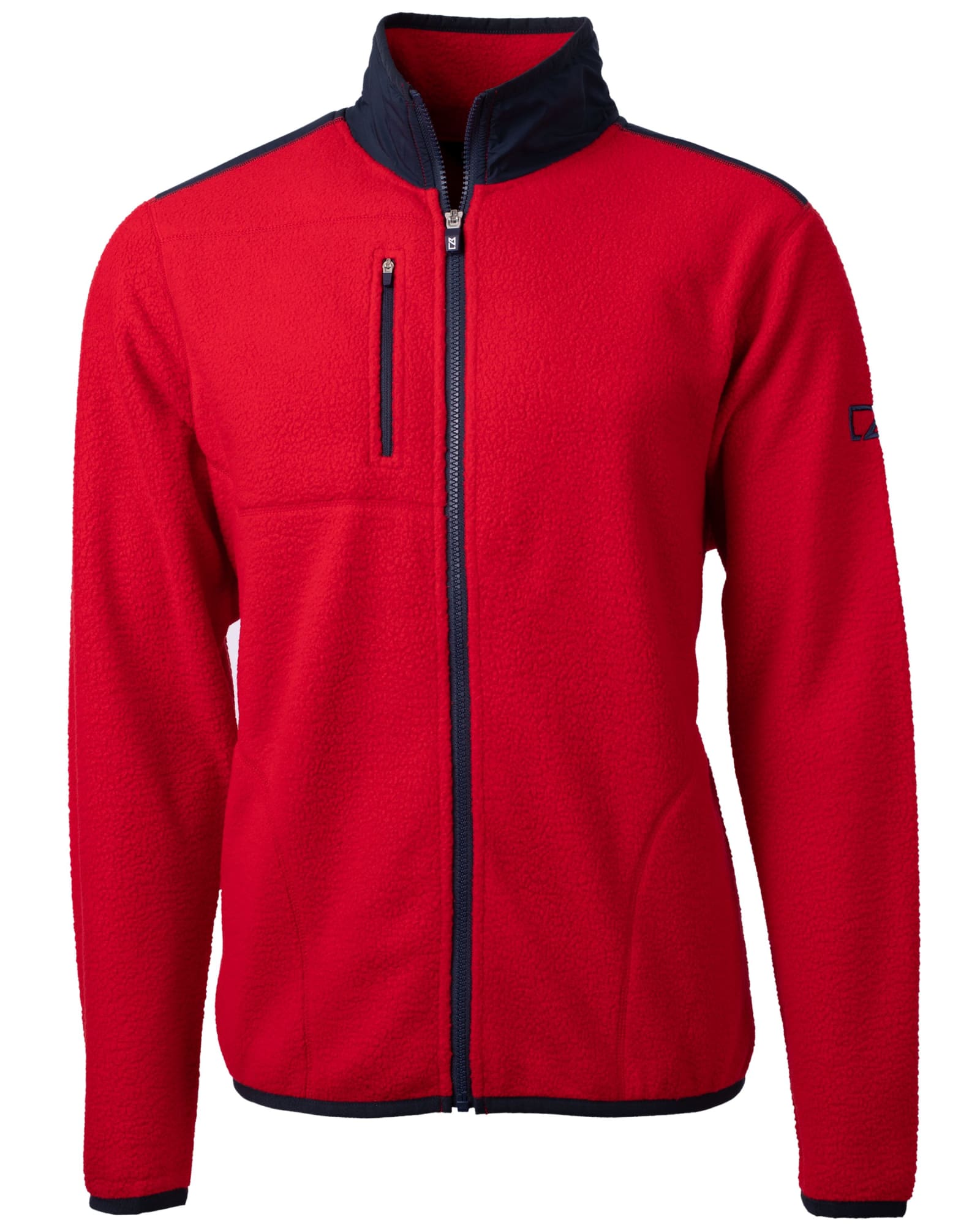 A red men's jacket featuring a full zip, a stand-up collar, and a navy blue accent along the neckline.