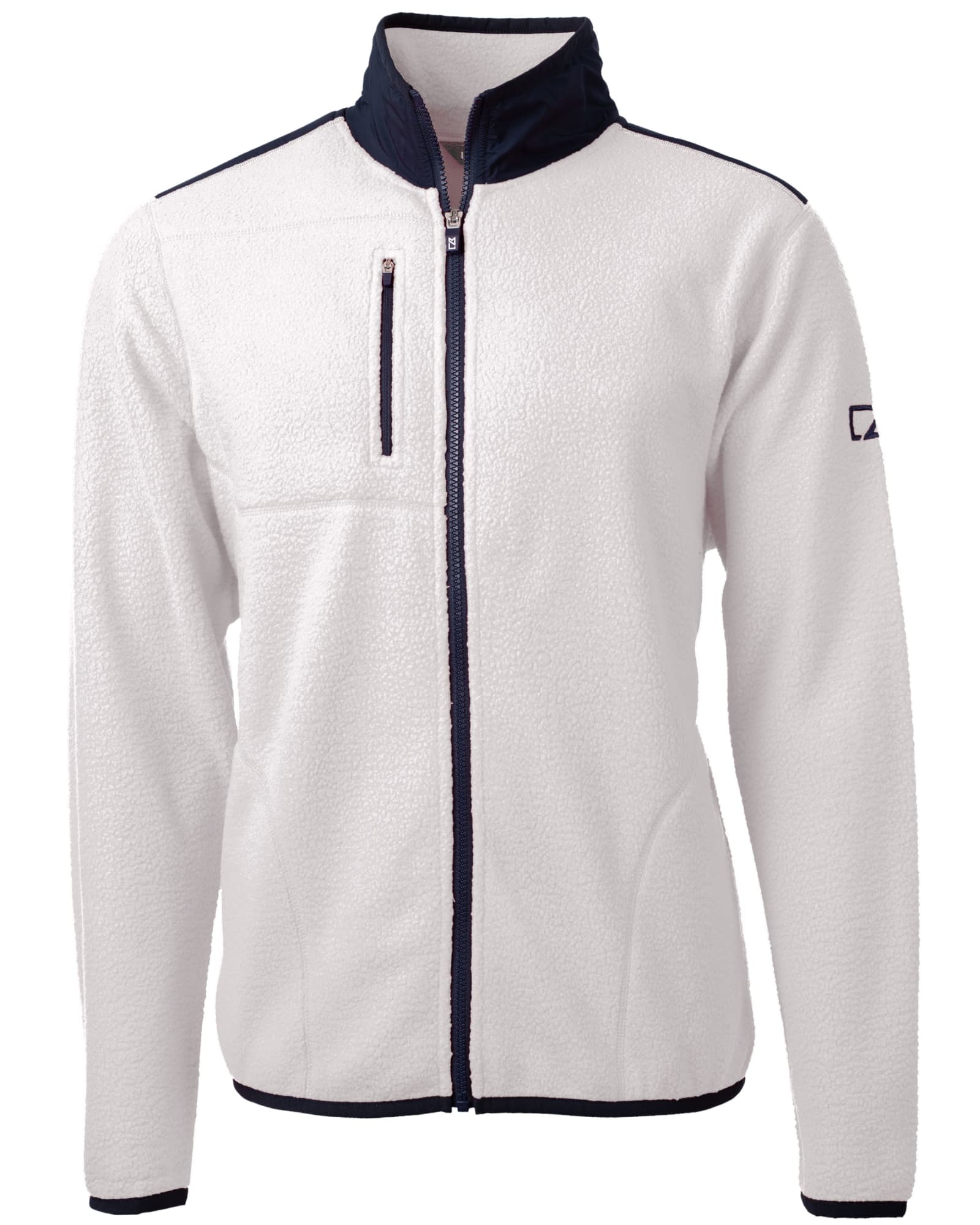 A white eco sherpa jacket with a navy collar and zipper pocket, featuring a logo on the sleeve.