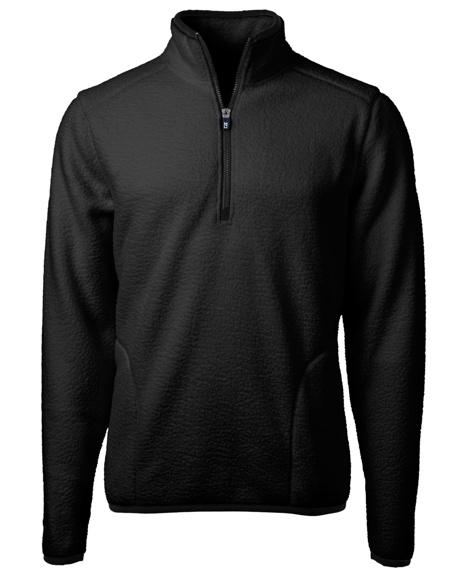 A black half-zip jacket with a textured surface and side pockets. Features a branding logo on the chest.