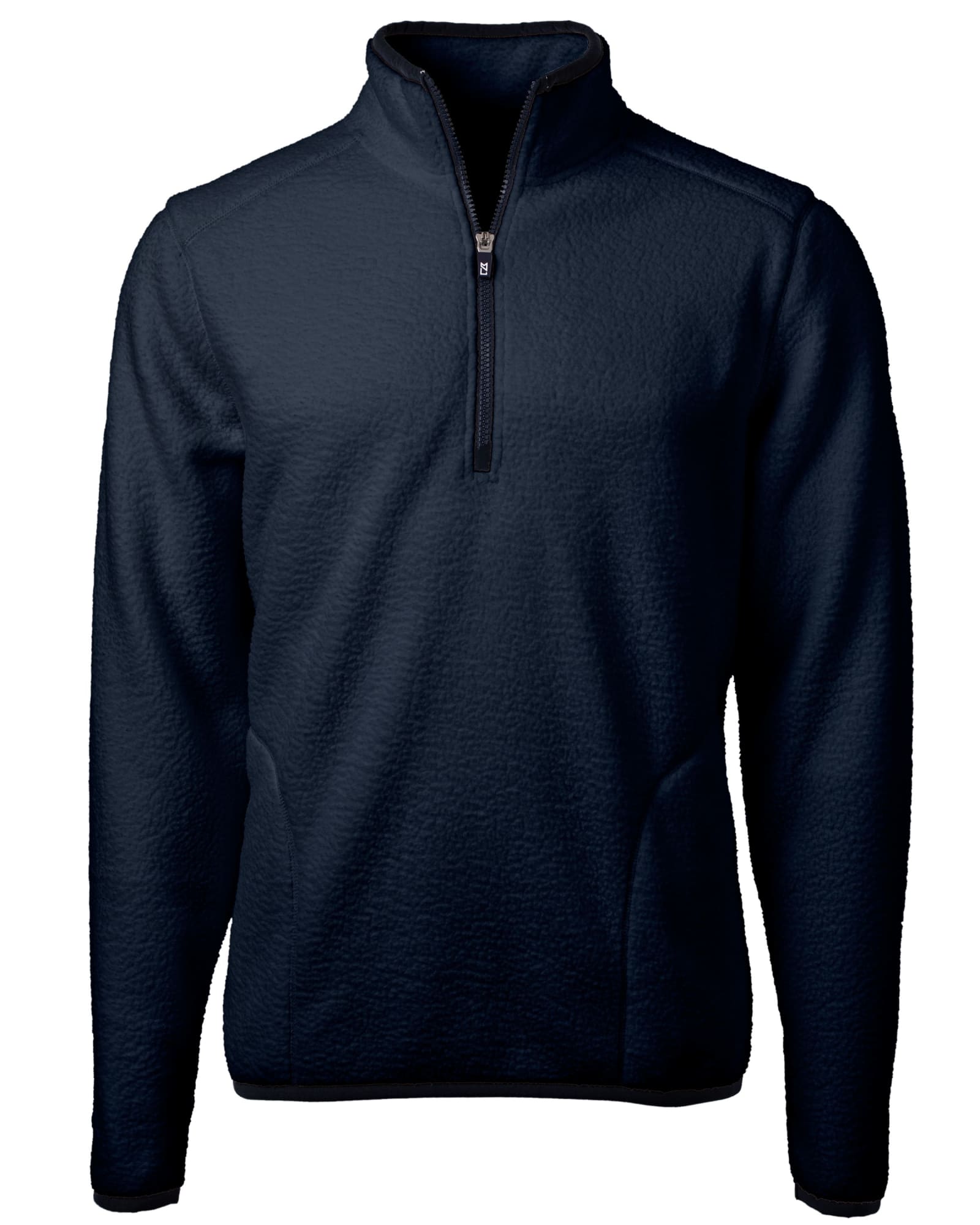A navy half-zip jacket made from eco-friendly Sherpa fleece, featuring a logo on the chest.