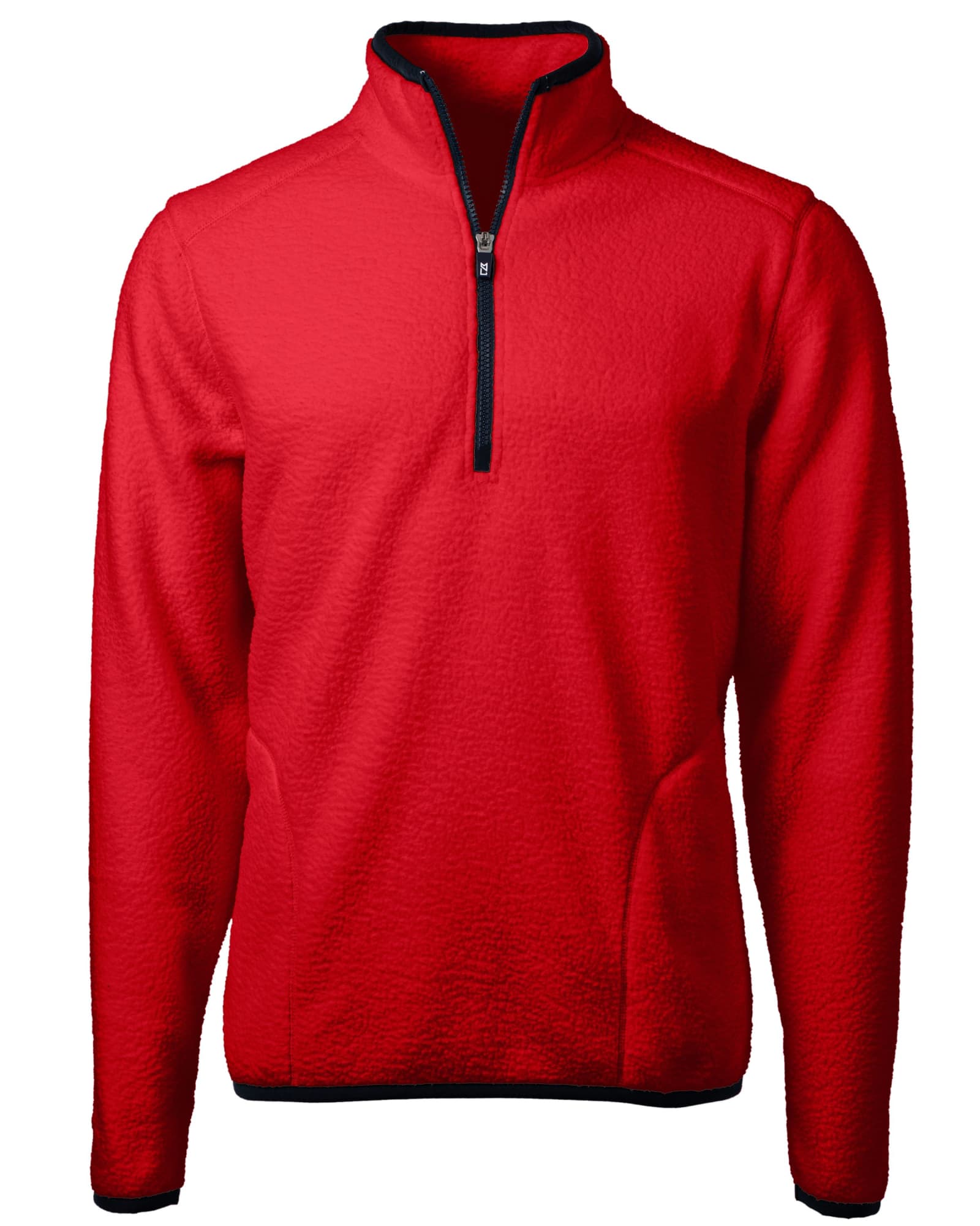 A red men's half zip fleece jacket with a textured finish and a black zip. It features a logo on the chest.