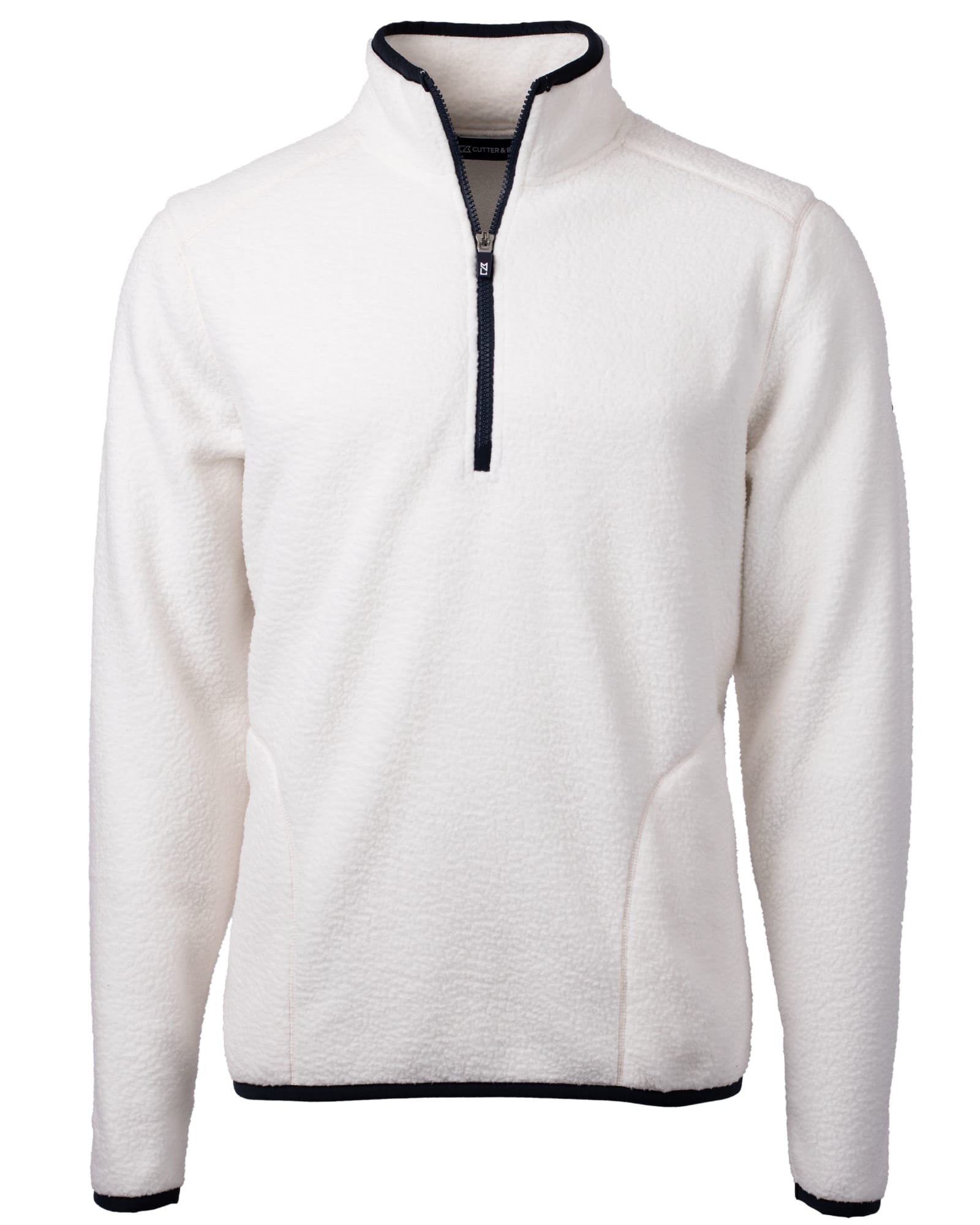 A white half-zip pullover jacket made of eco-friendly Sherpa material, featuring side pockets and a branding logo.