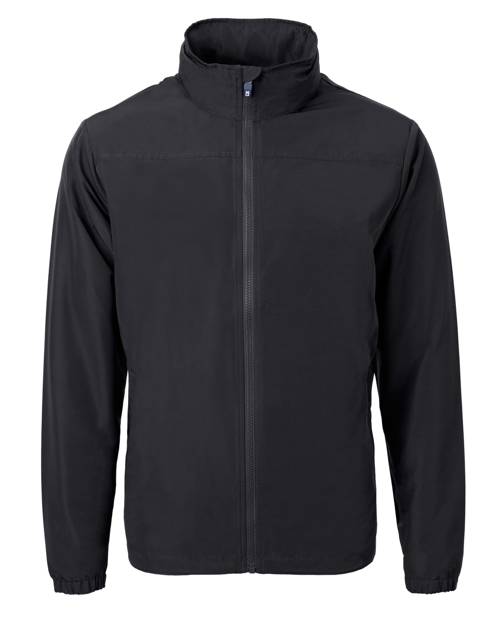 A black full zip jacket featuring a high collar and a sleek design. It includes a logo on the front.