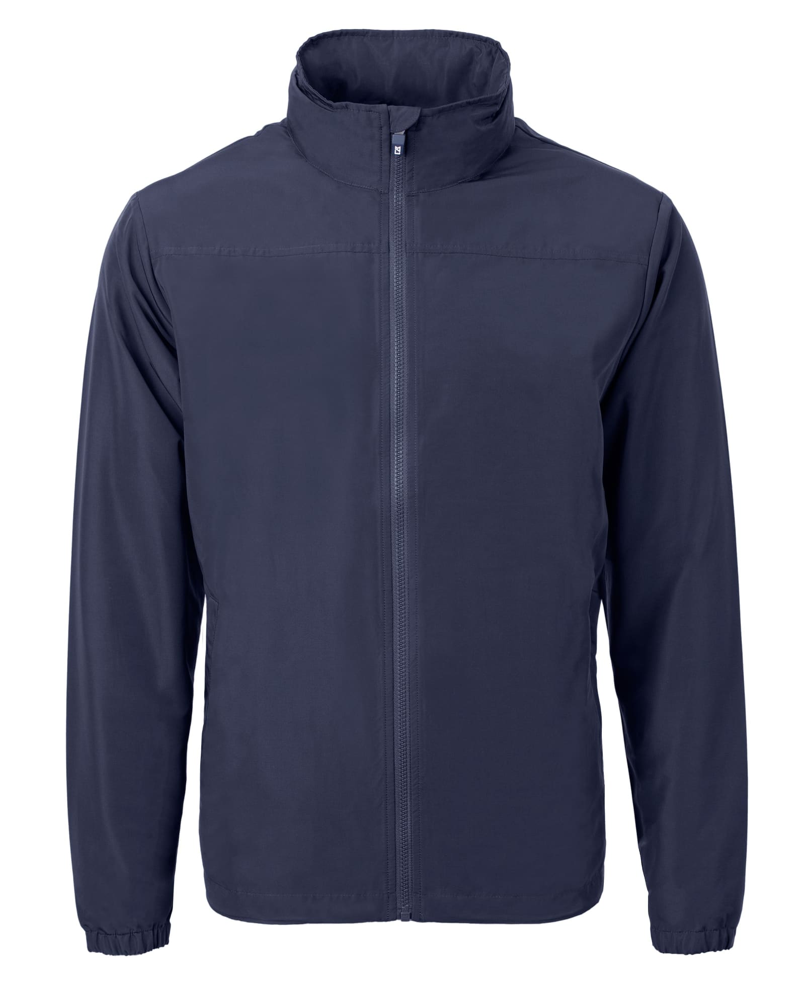 A navy full zip jacket featuring a high collar and long sleeves, with a logo on the front.