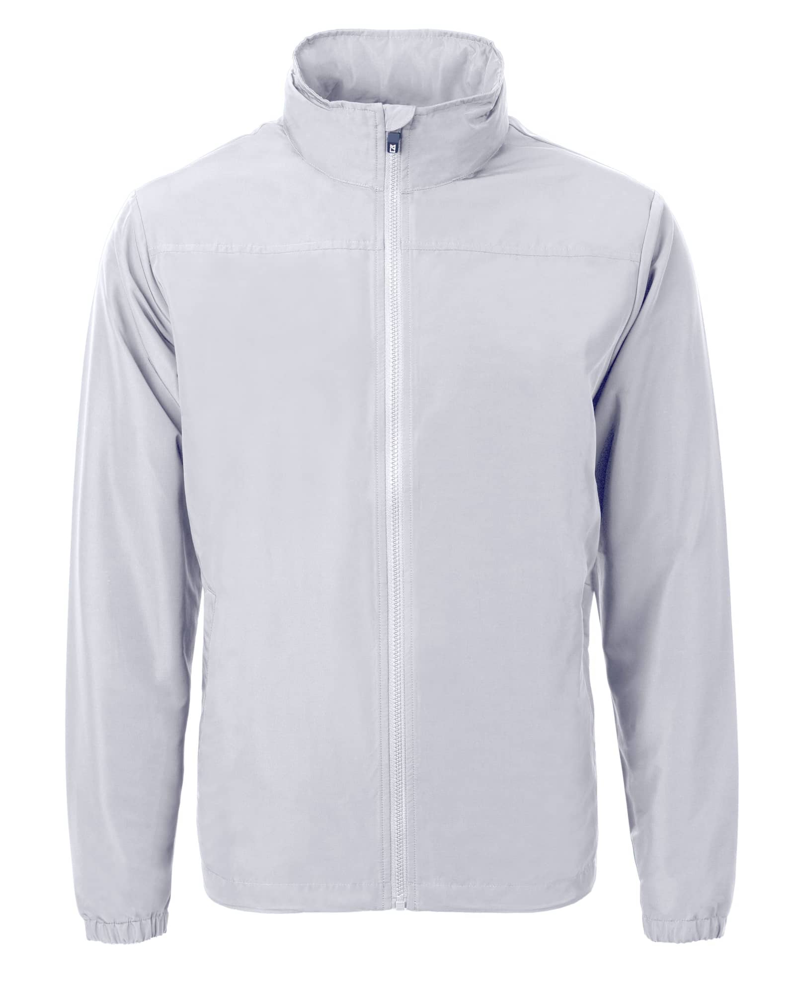 A light grey full zip jacket with a collar and long sleeves, featuring a logo on the front.