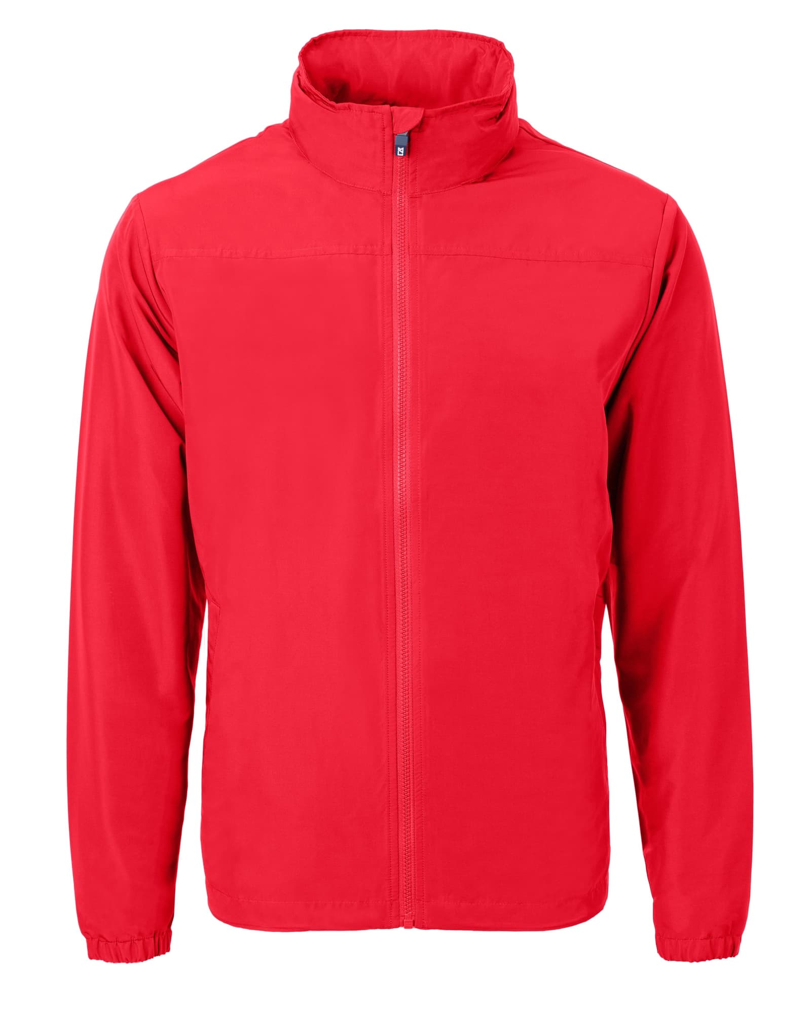 A red full zip jacket with a high collar, featuring a branding logo. Suitable for various outdoor activities.