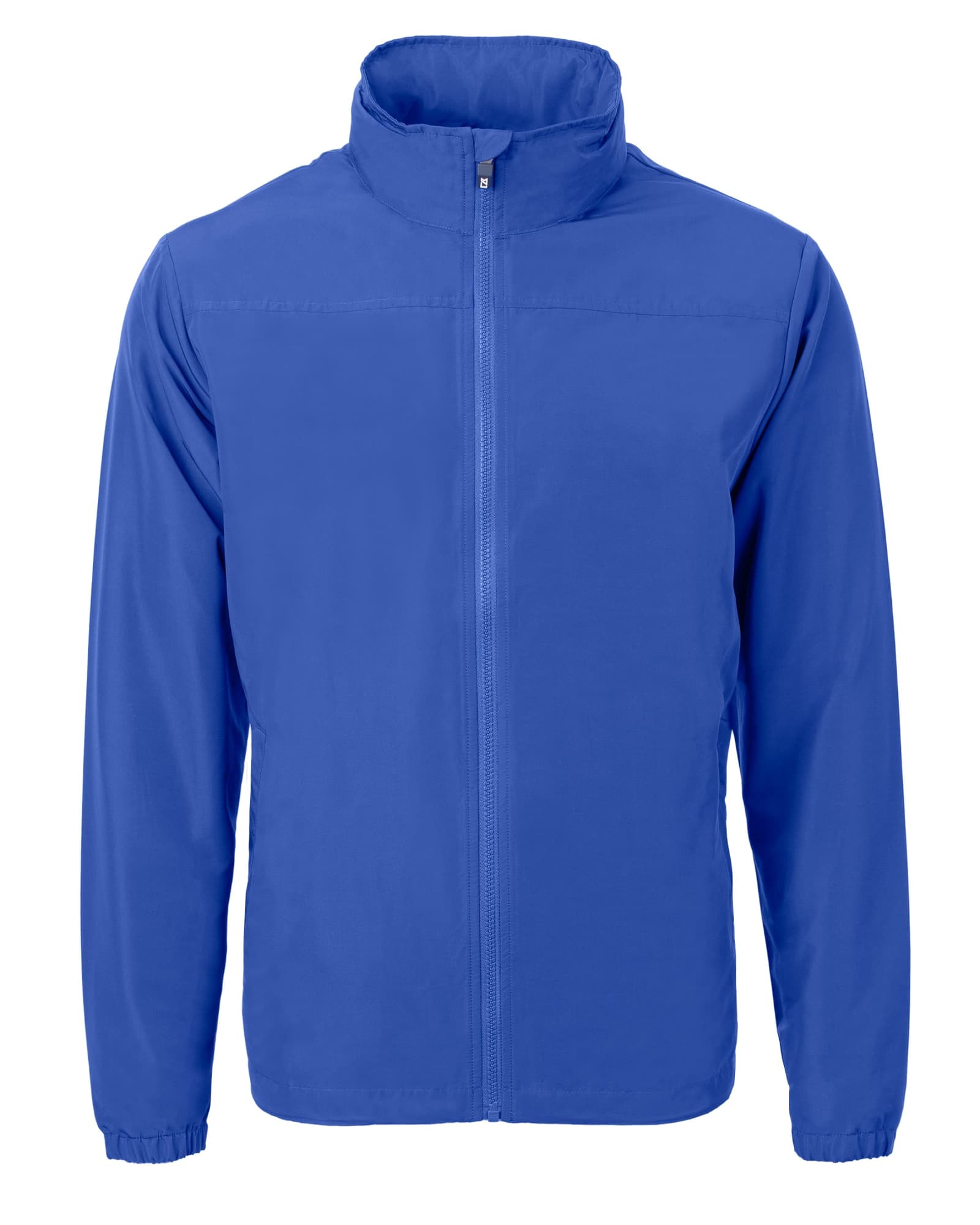 A blue full zip jacket with a collar and elastic cuffs, featuring a small logo on the chest.