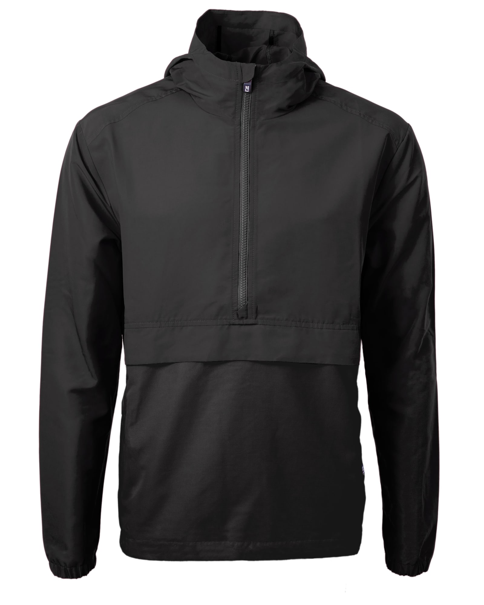 A black men’s anorak jacket featuring a half-zip front and a hood, with a logo on the chest.