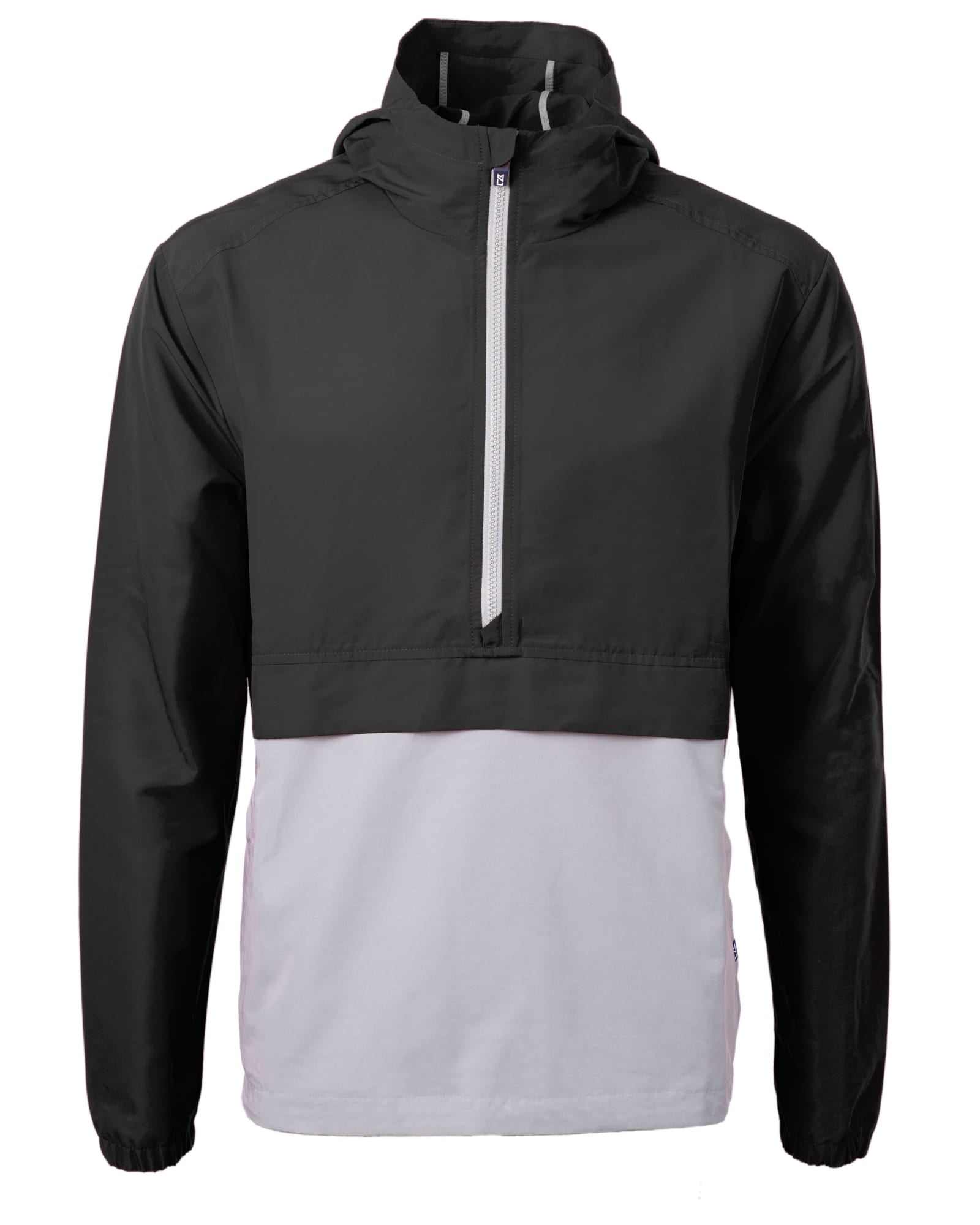 A men’s black and white anorak jacket featuring a half-zip and a logo. Suitable for rainy weather.
