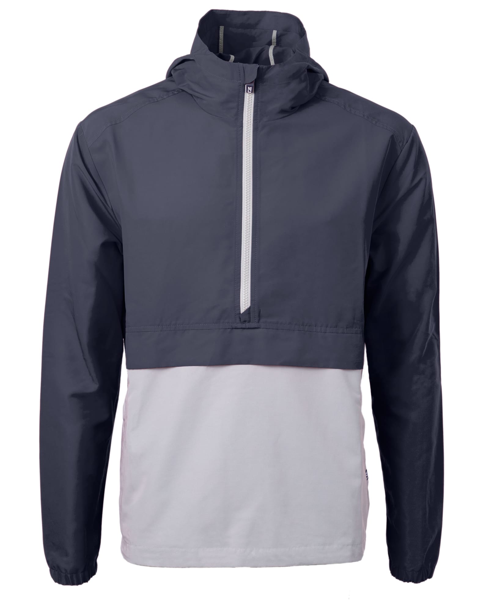Men’s charter anorak jacket in navy blue and white, featuring a half-zip front and a hood. Includes a logo on the chest.
