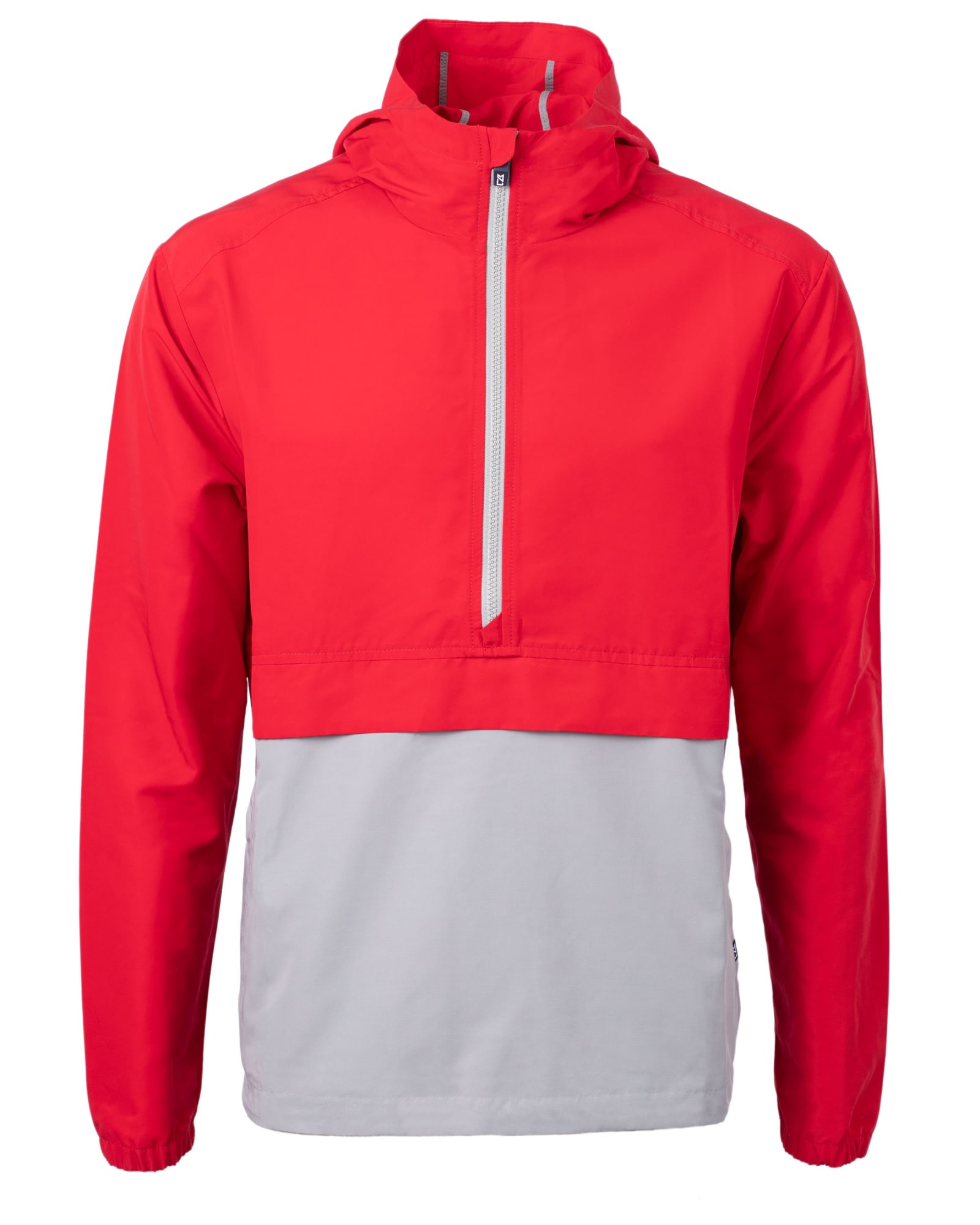 A red and grey Men’s Charter Anorak Jacket featuring a half-zip design and a logo. Perfect for rain protection.