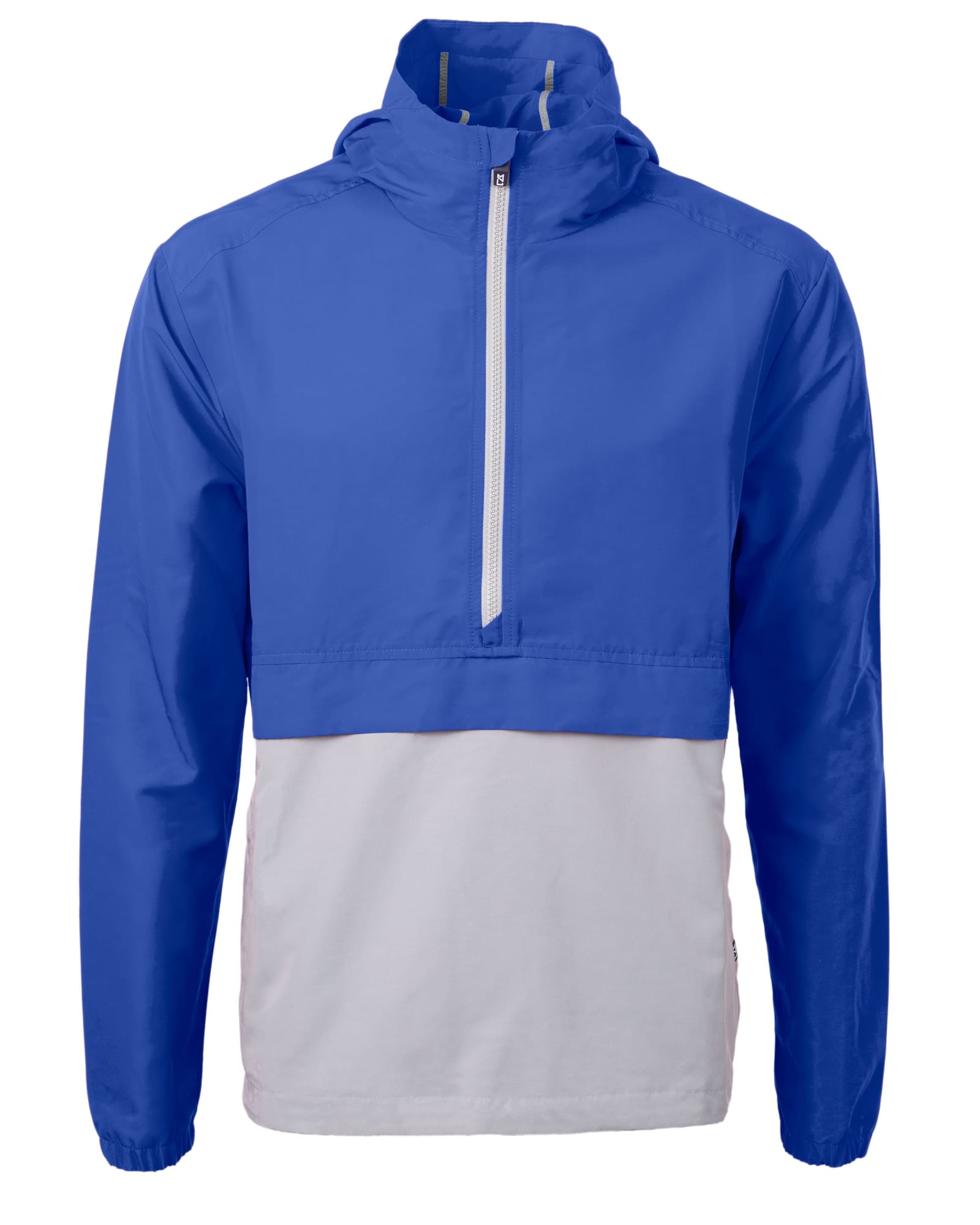 A blue and white men's anorak jacket featuring a quarter-zip and a logo on the chest.