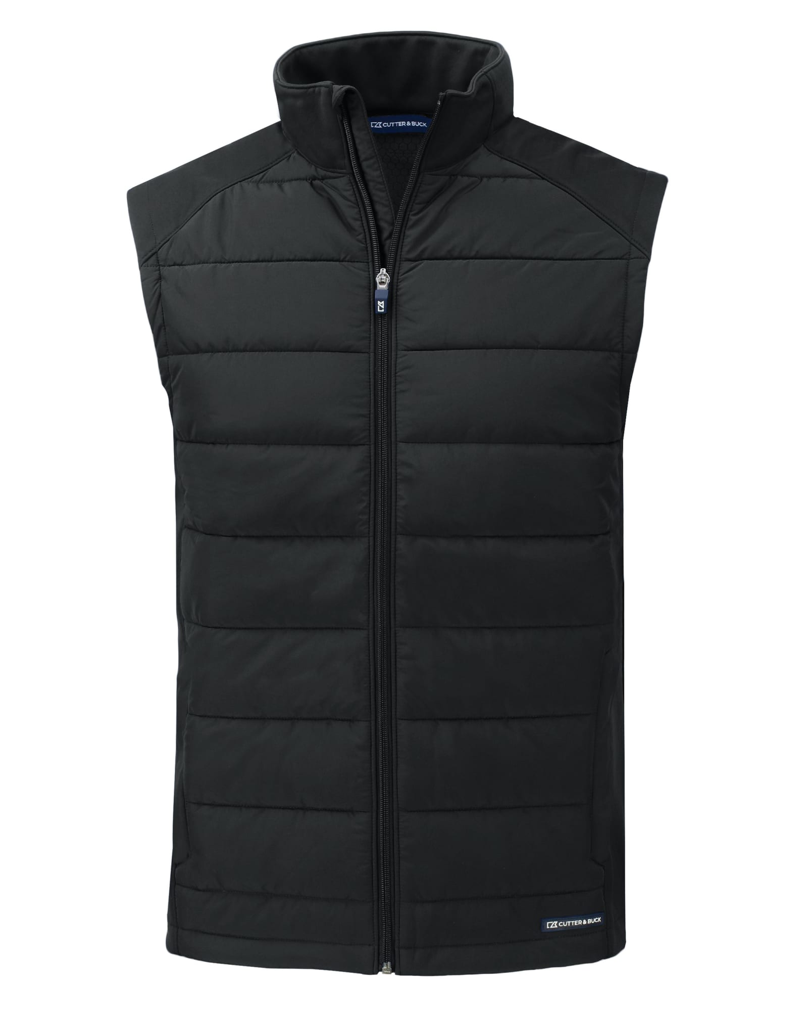 A men's eco hybrid vest in dark green, featuring a zip front and a padded design. It has a logo on the hem.