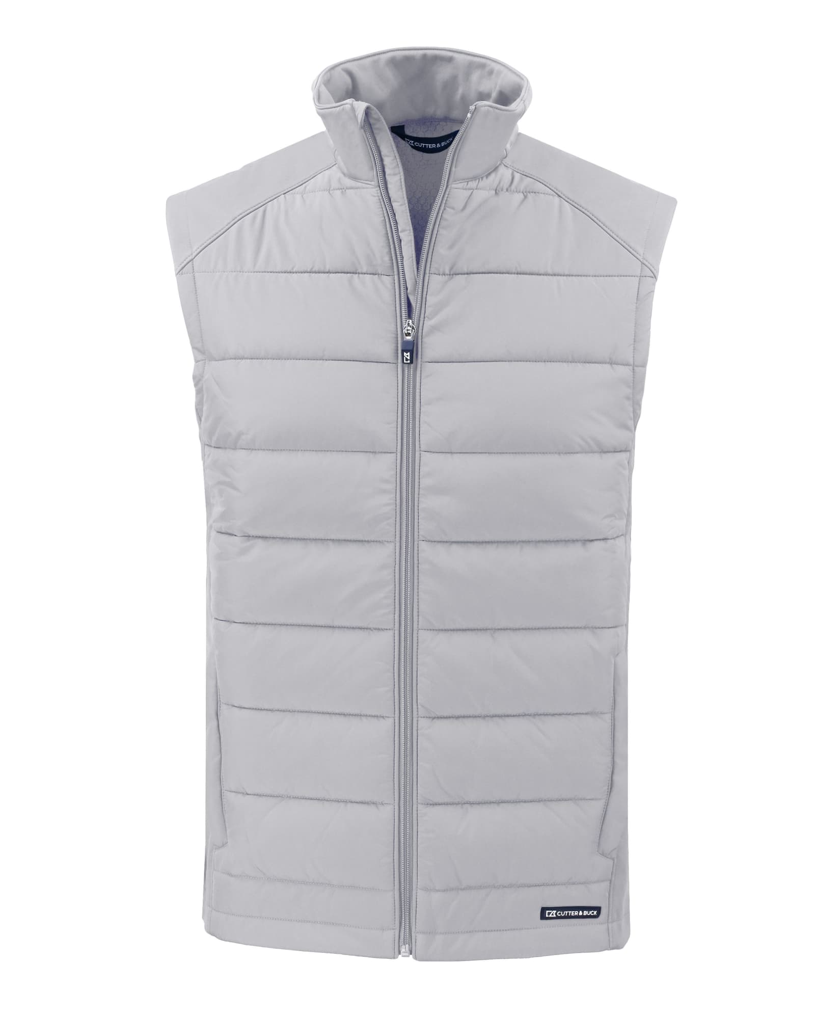 A grey men's sleeveless vest with a zip front and a logo at the bottom. The vest features quilted padding for warmth.