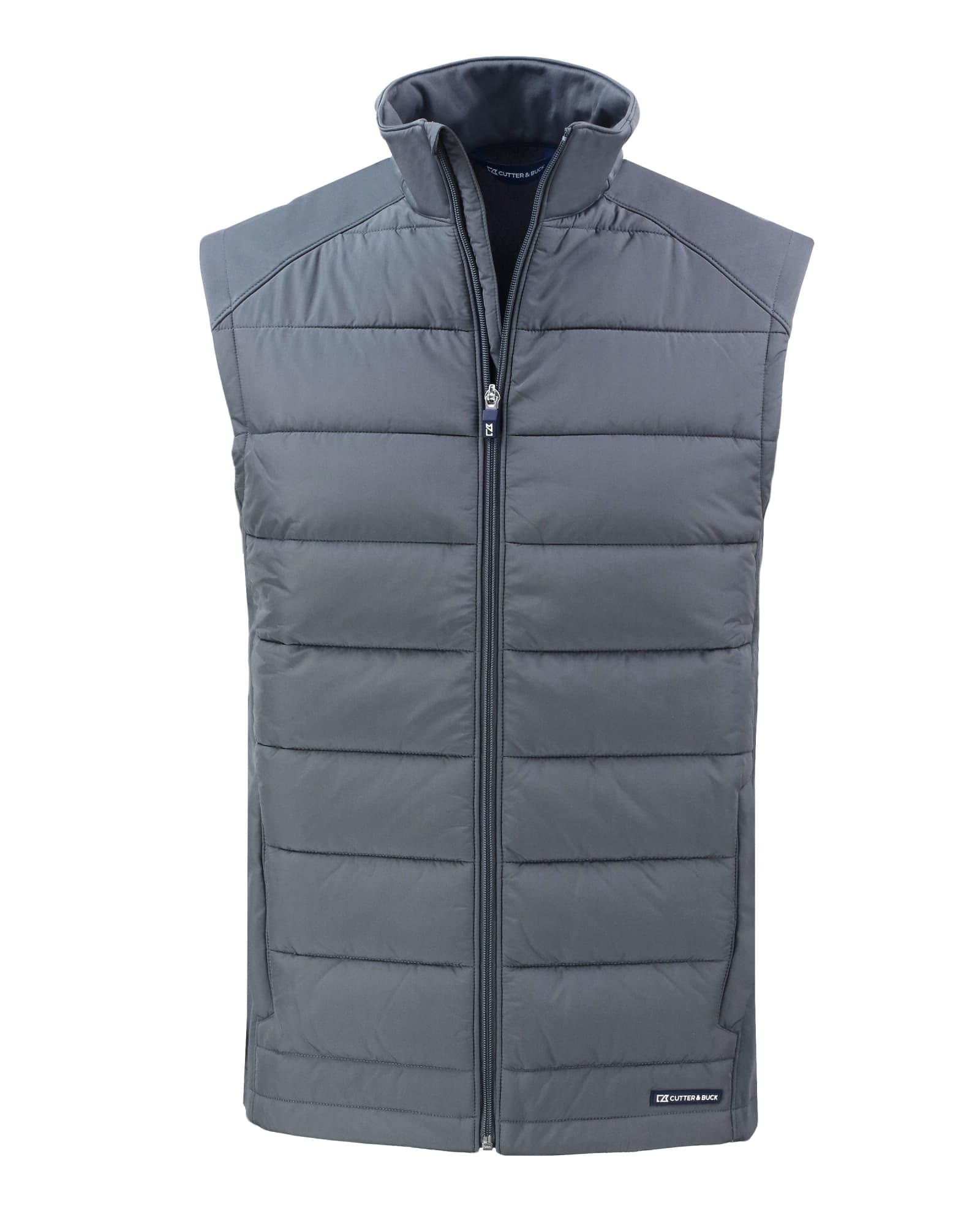 A grey men's vest with a zippered front and a padded design, featuring a logo on the lower left.