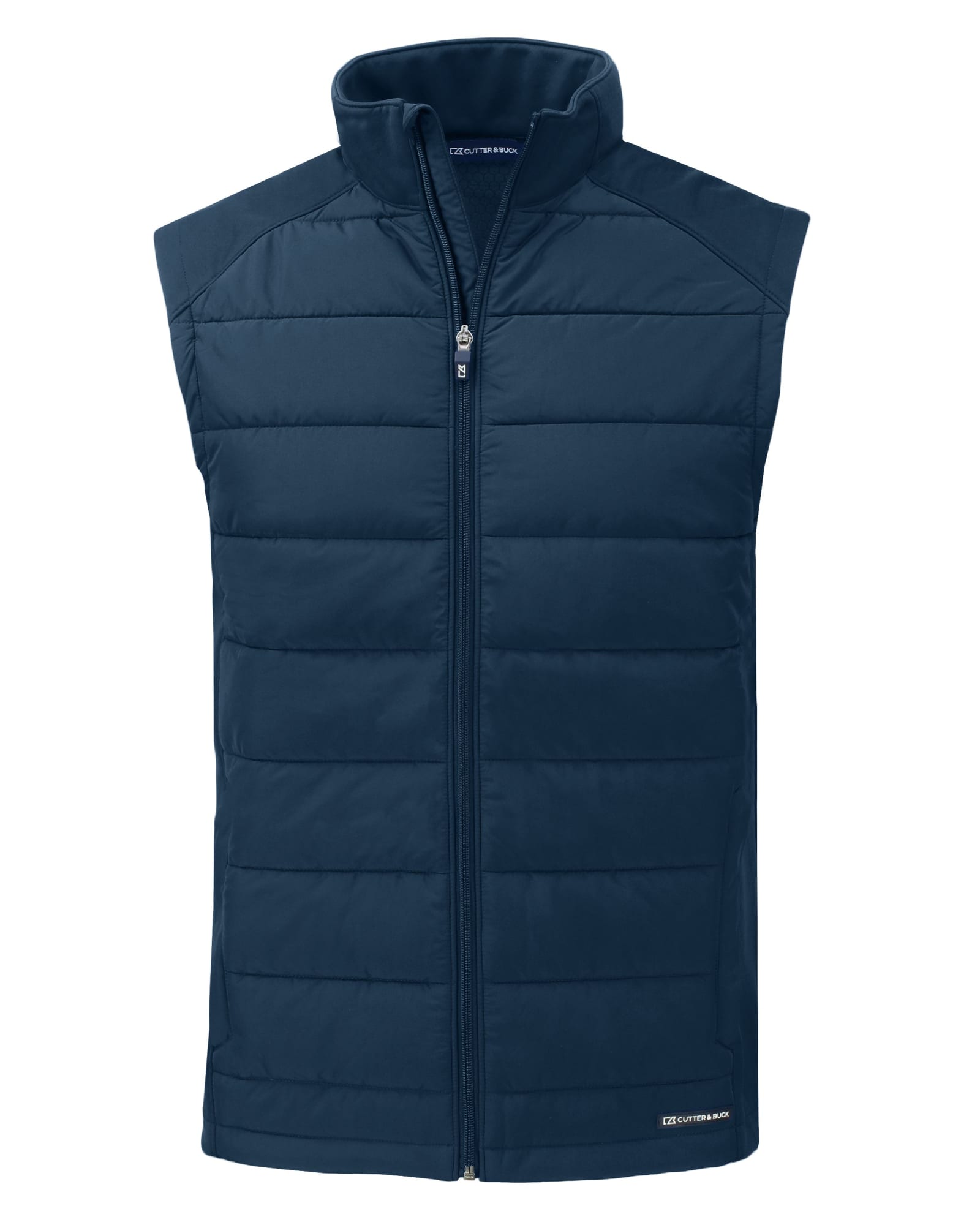 A navy blue men's vest with a zip front, featuring a padded design and a logo on the lower side.