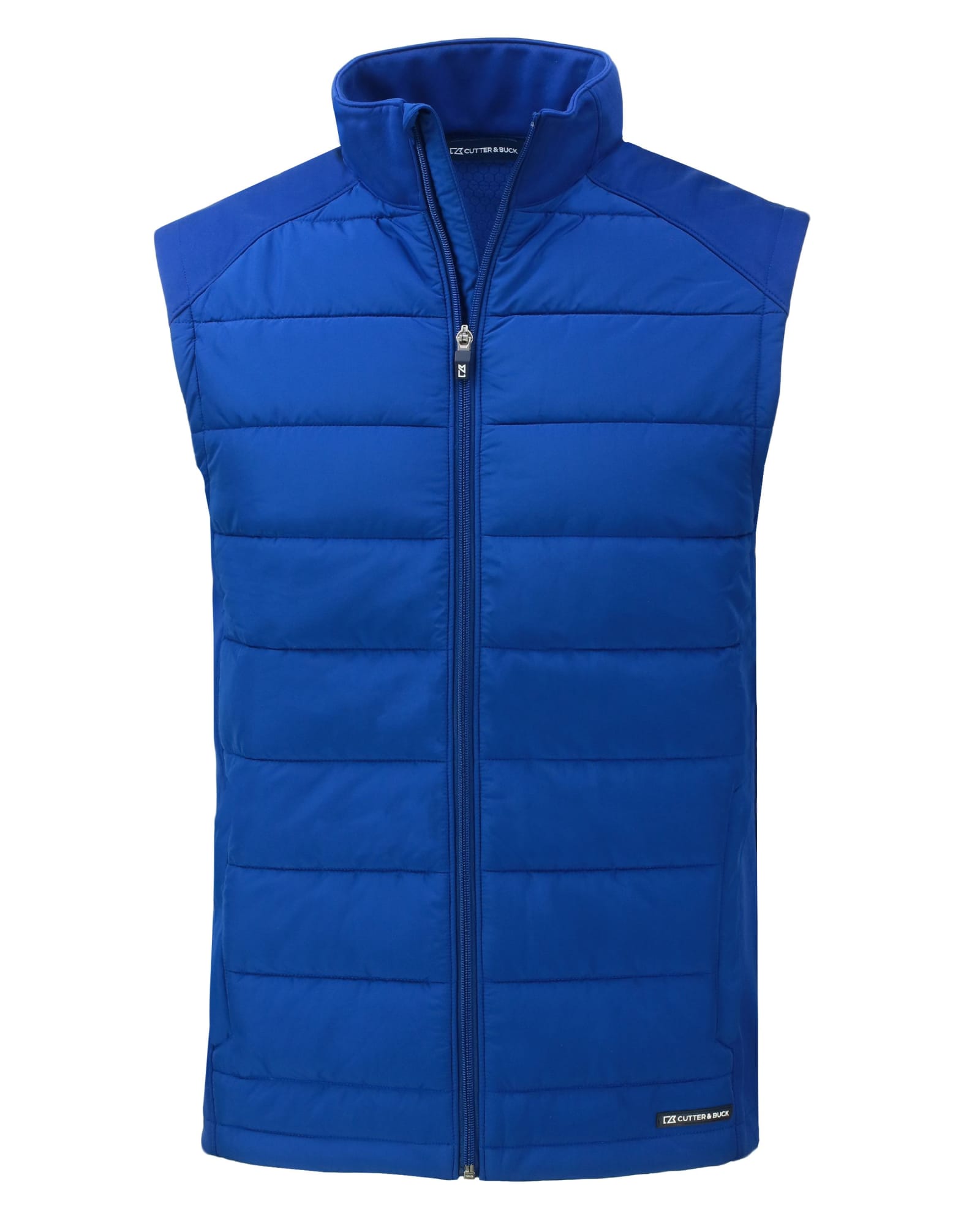 A blue men’s eco hybrid vest with a zip front and padded design. It features a logo on the lower side.
