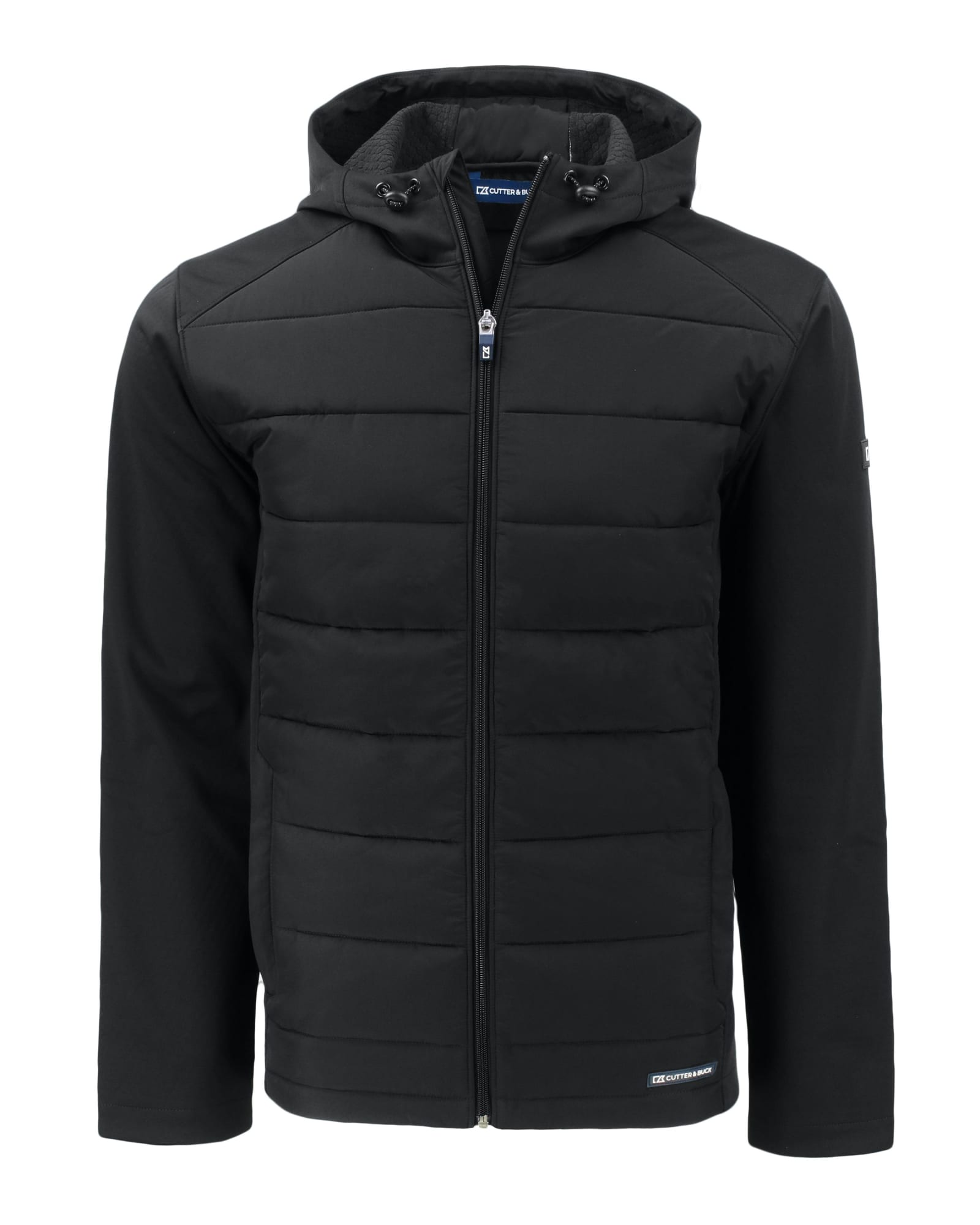 A black men's soft shell jacket featuring a hood, zip closure, and padded front panels. It includes a logo.