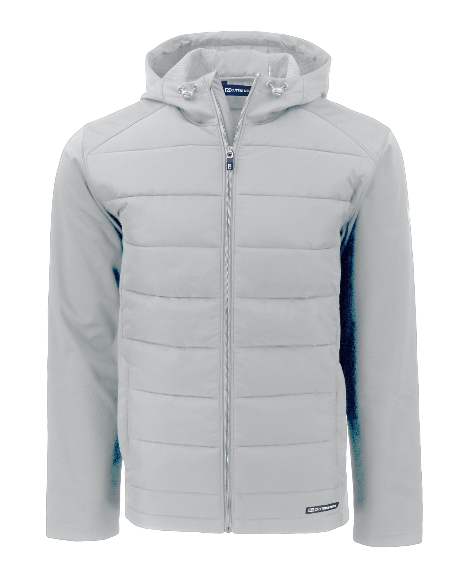A grey men’s soft shell jacket with a hood, featuring a zip front and quilted design, along with a logo.