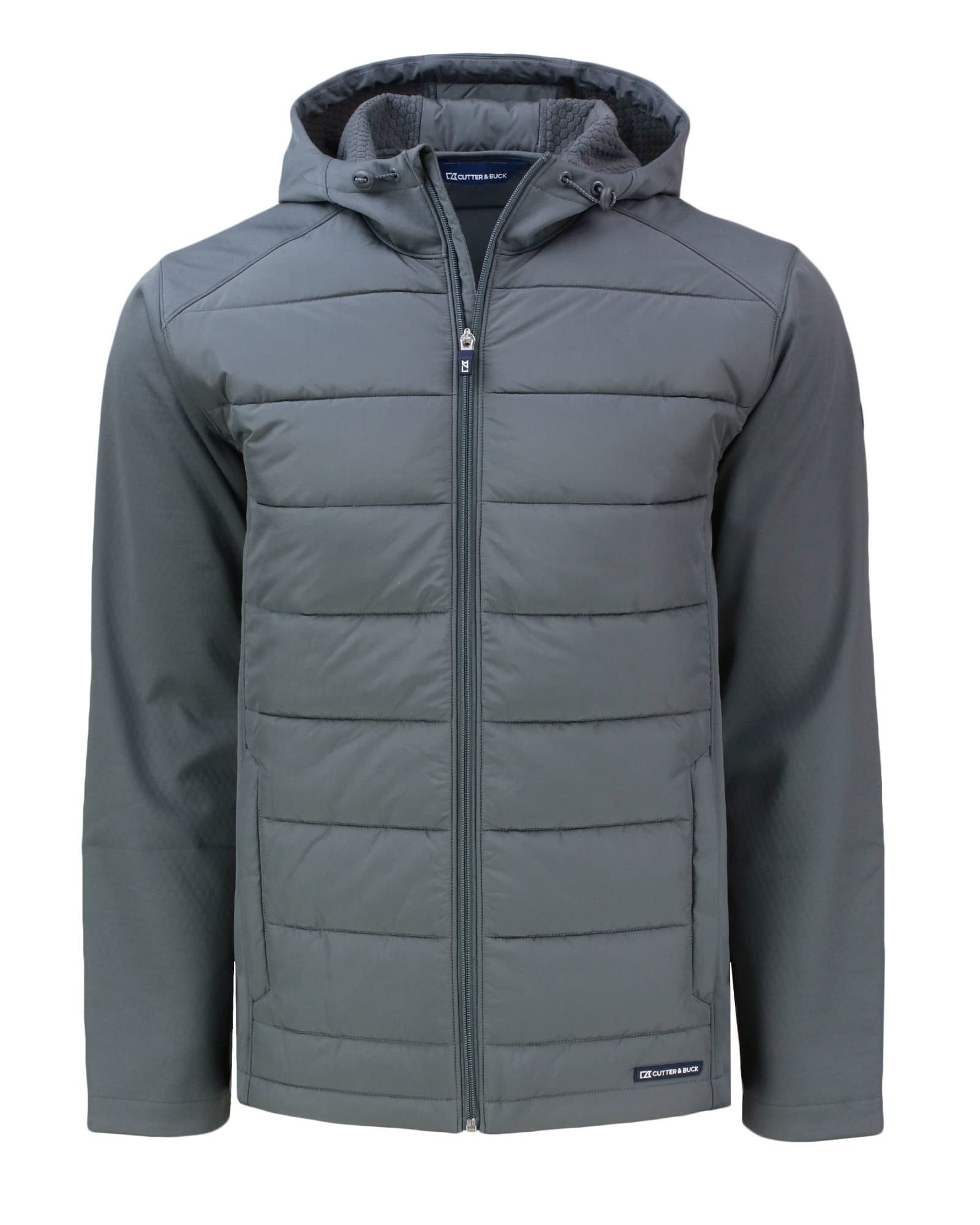A grey Men’s Evoke Eco Hybrid Jacket with a zip front, removable hood, and a logo on the hem.
