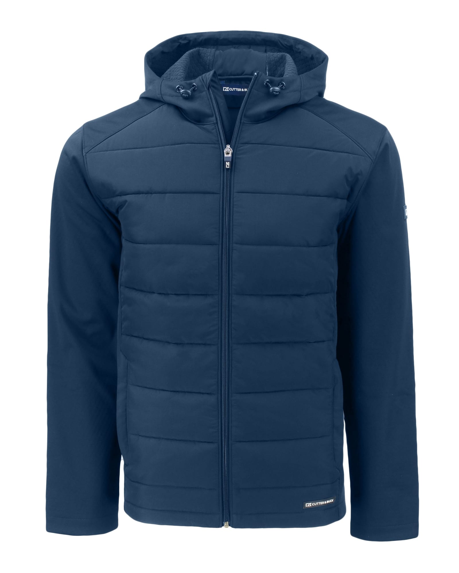 A Men’s Evoke Eco Hybrid Jacket in navy blue, featuring a zip-up front and a hood, with branding present.