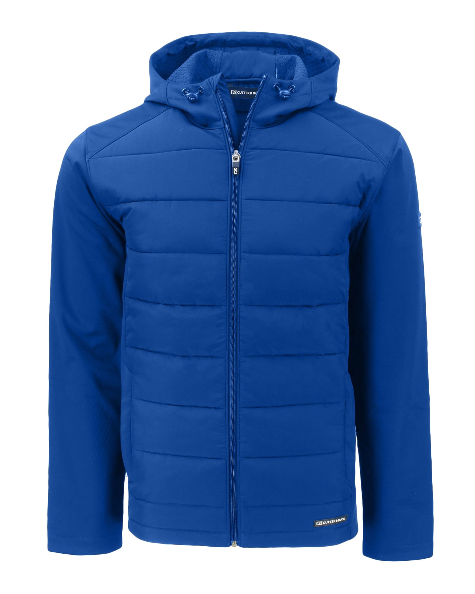 A blue Men's Evoke Eco Hybrid Jacket featuring a zip front and a hood, made from soft shell material.