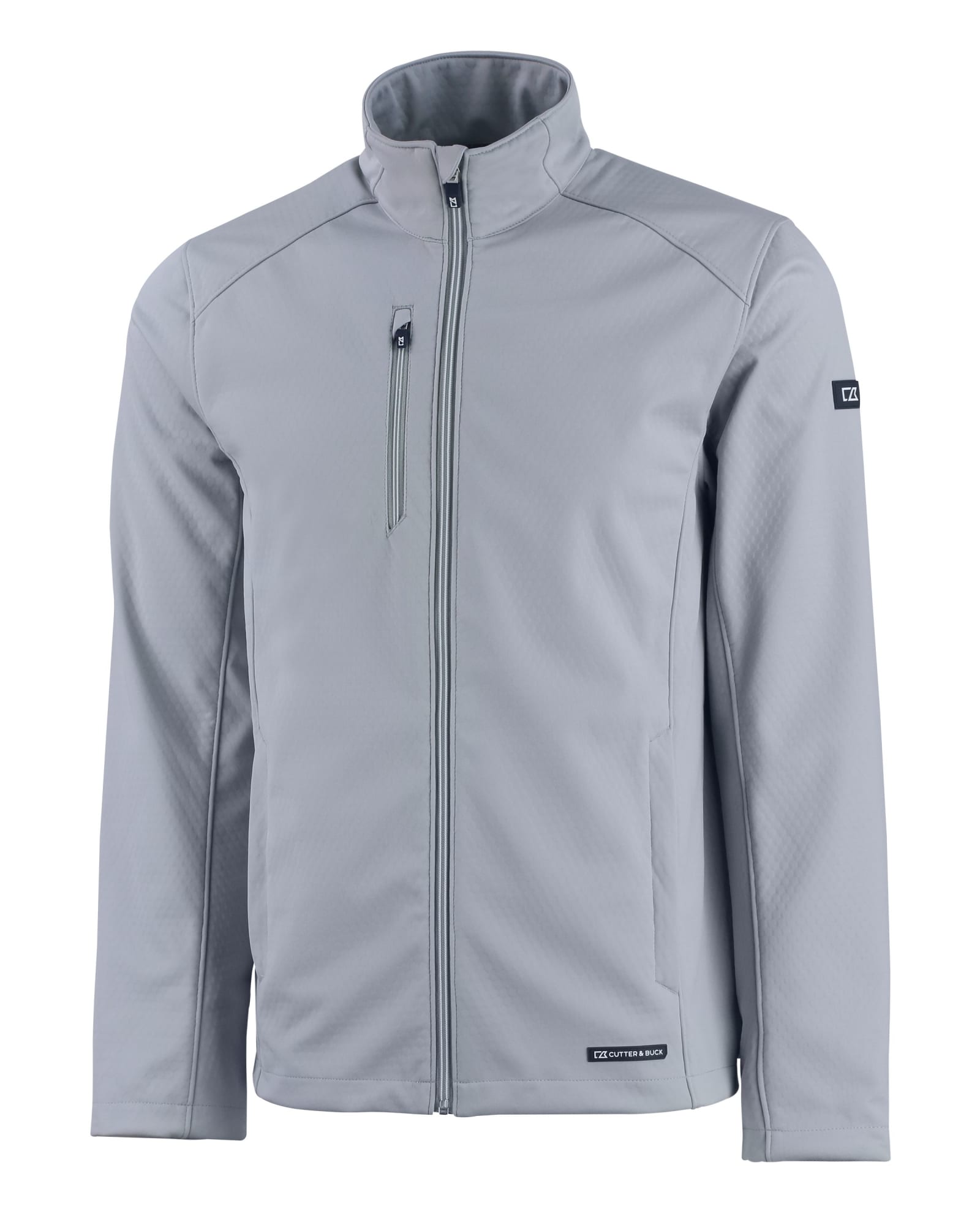 A light grey men's softshell jacket featuring a zip front and a zippered chest pocket. It has a logo on the sleeve.