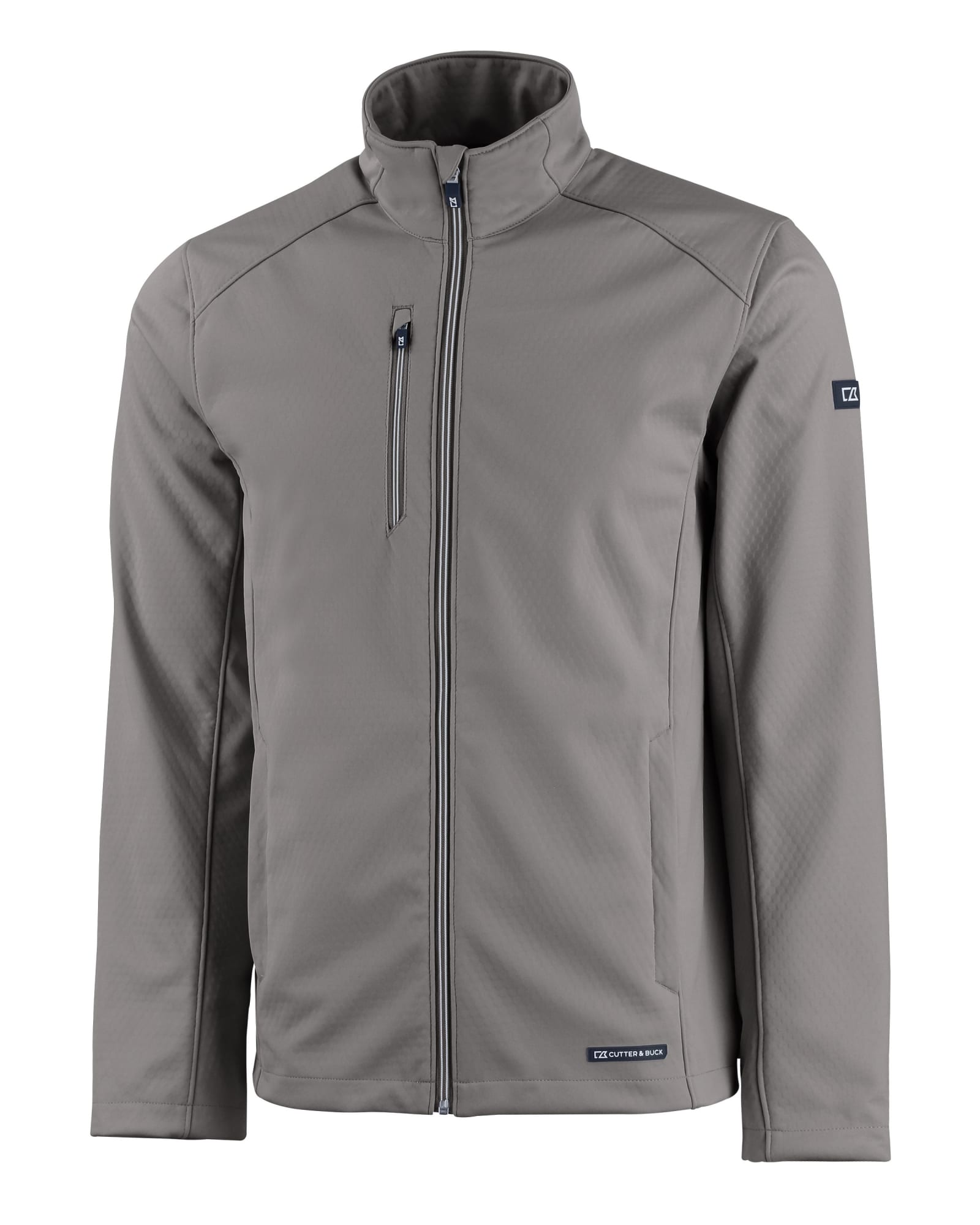 A grey men's softshell jacket featuring a zippered front and a logo on the sleeve.