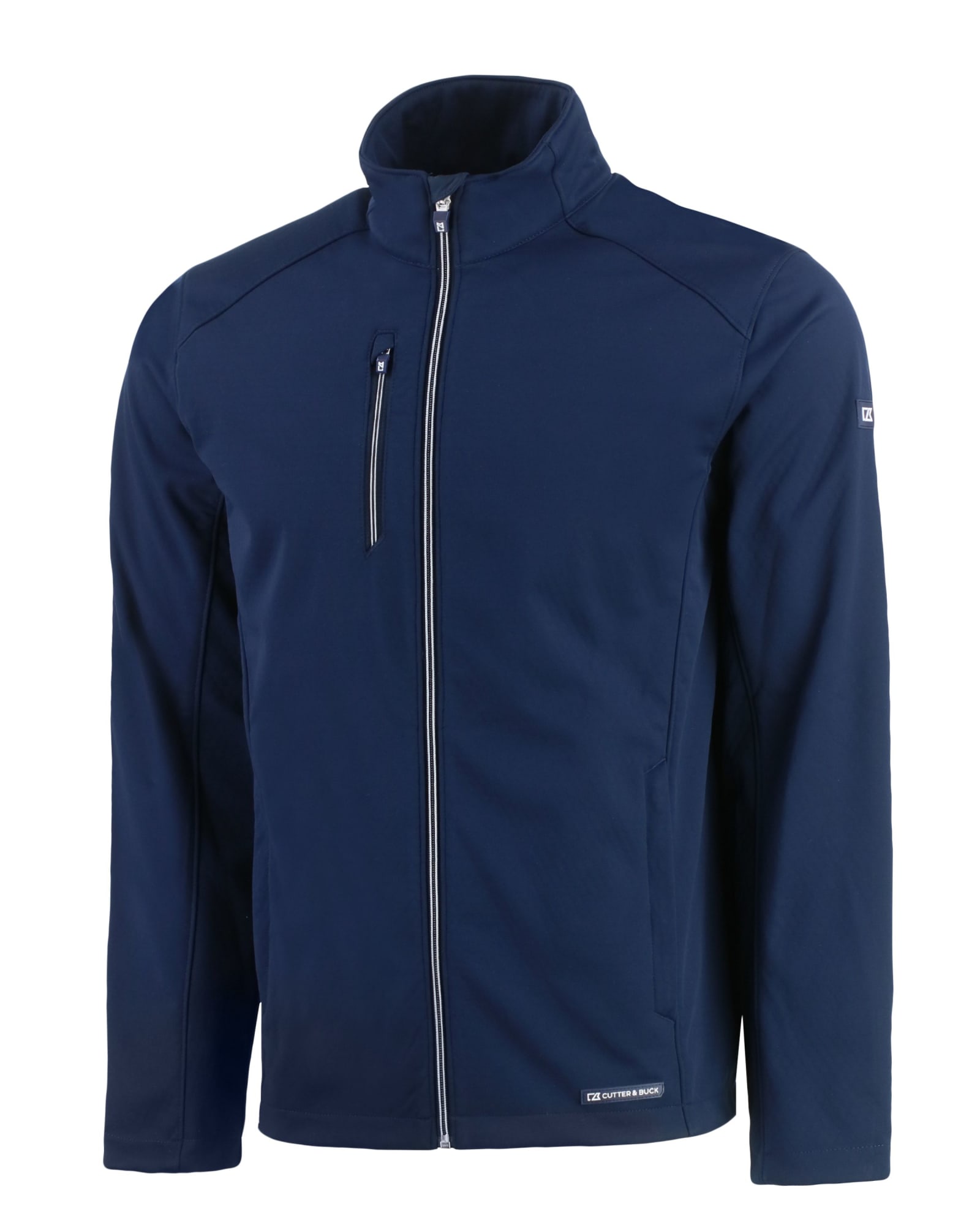 A navy Men’s Evoke Eco Softshell Jacket featuring a zippered chest pocket and a logo on the sleeve.