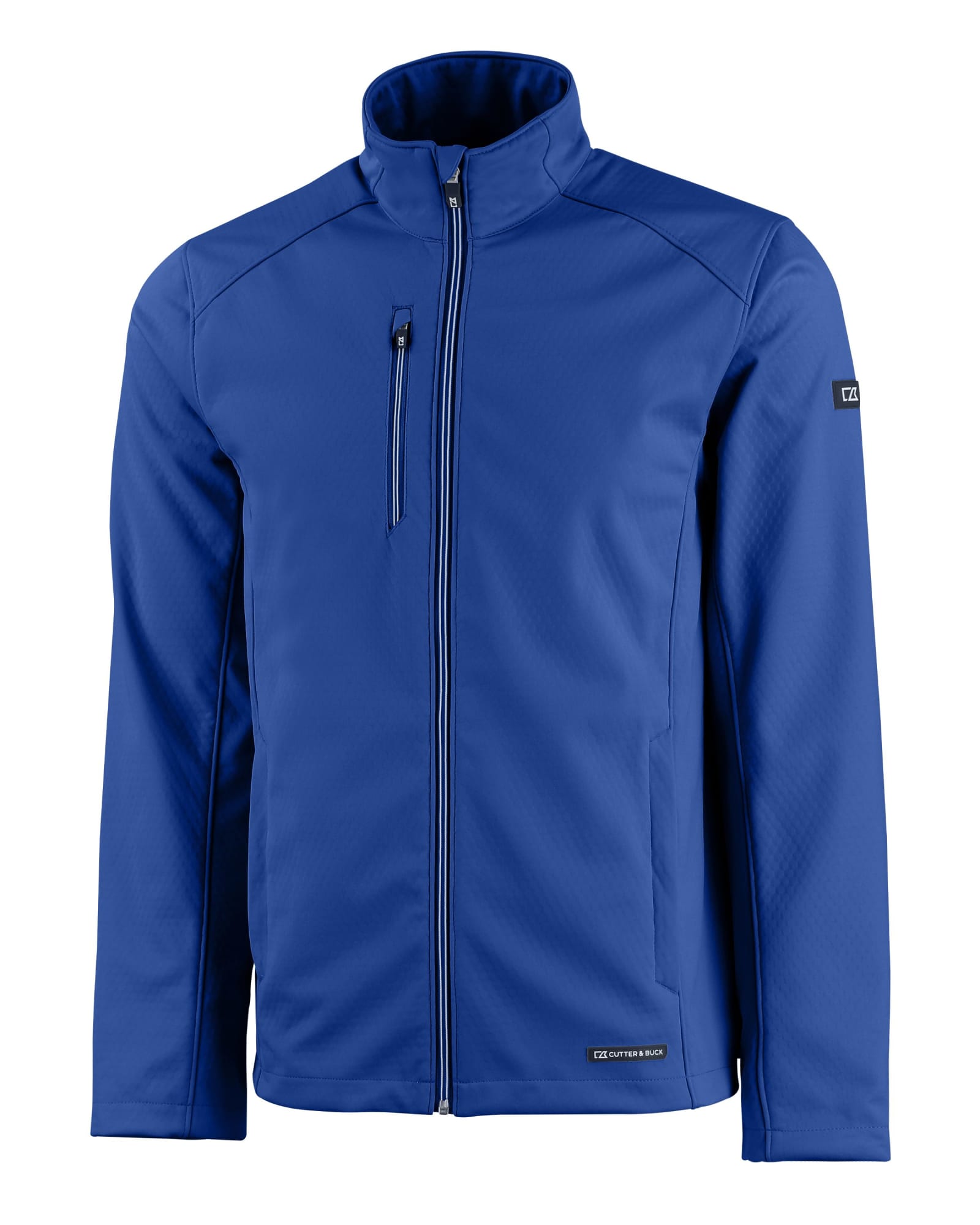 A blue men’s softshell jacket featuring a zippered chest pocket and a logo on the sleeve.