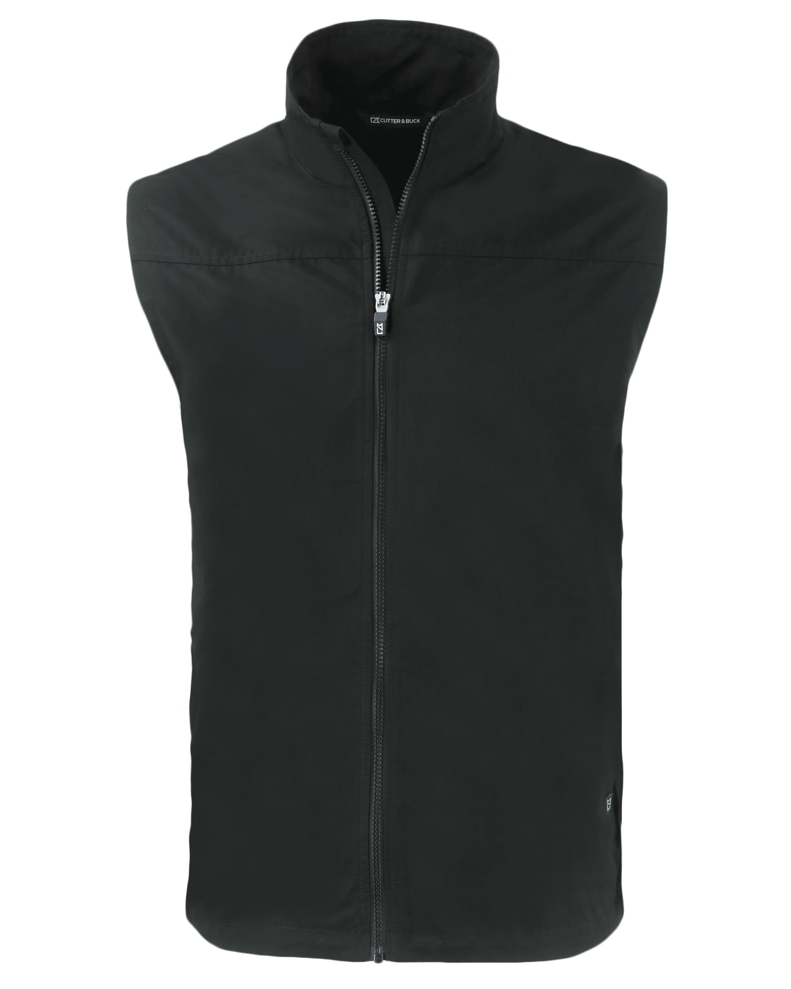 A black men's eco vest with a high collar and front zip, featuring a logo on the side.