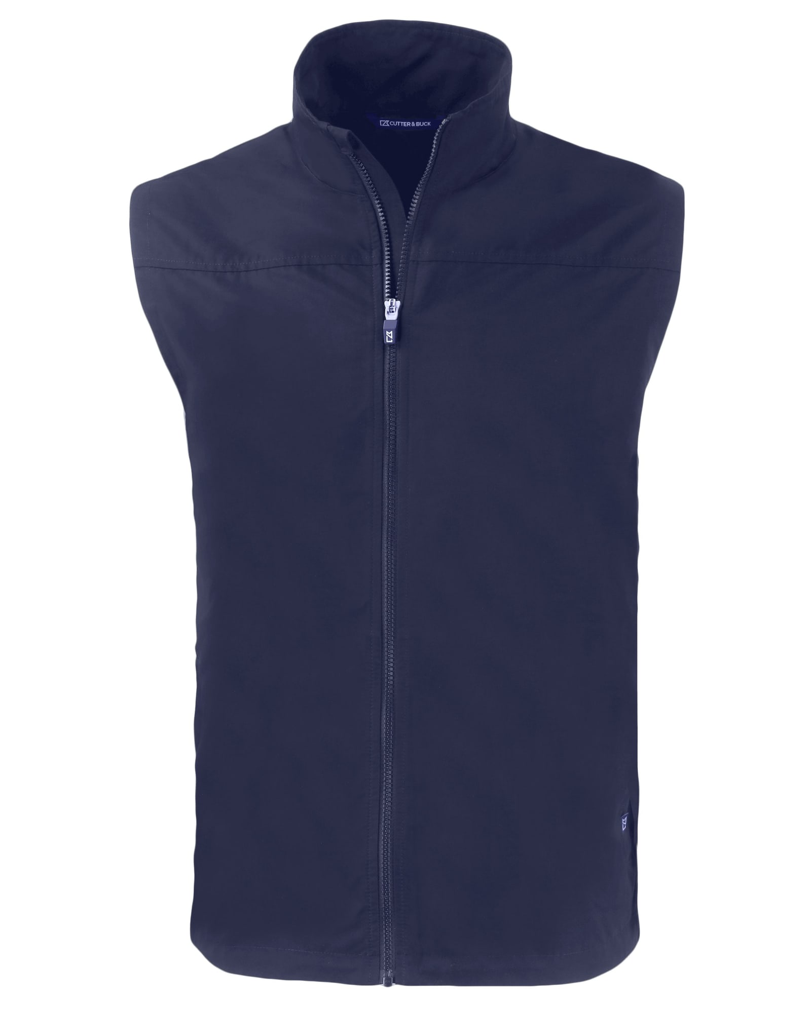 A navy blue men’s vest with a zip front, high collar, and a small logo on the side.