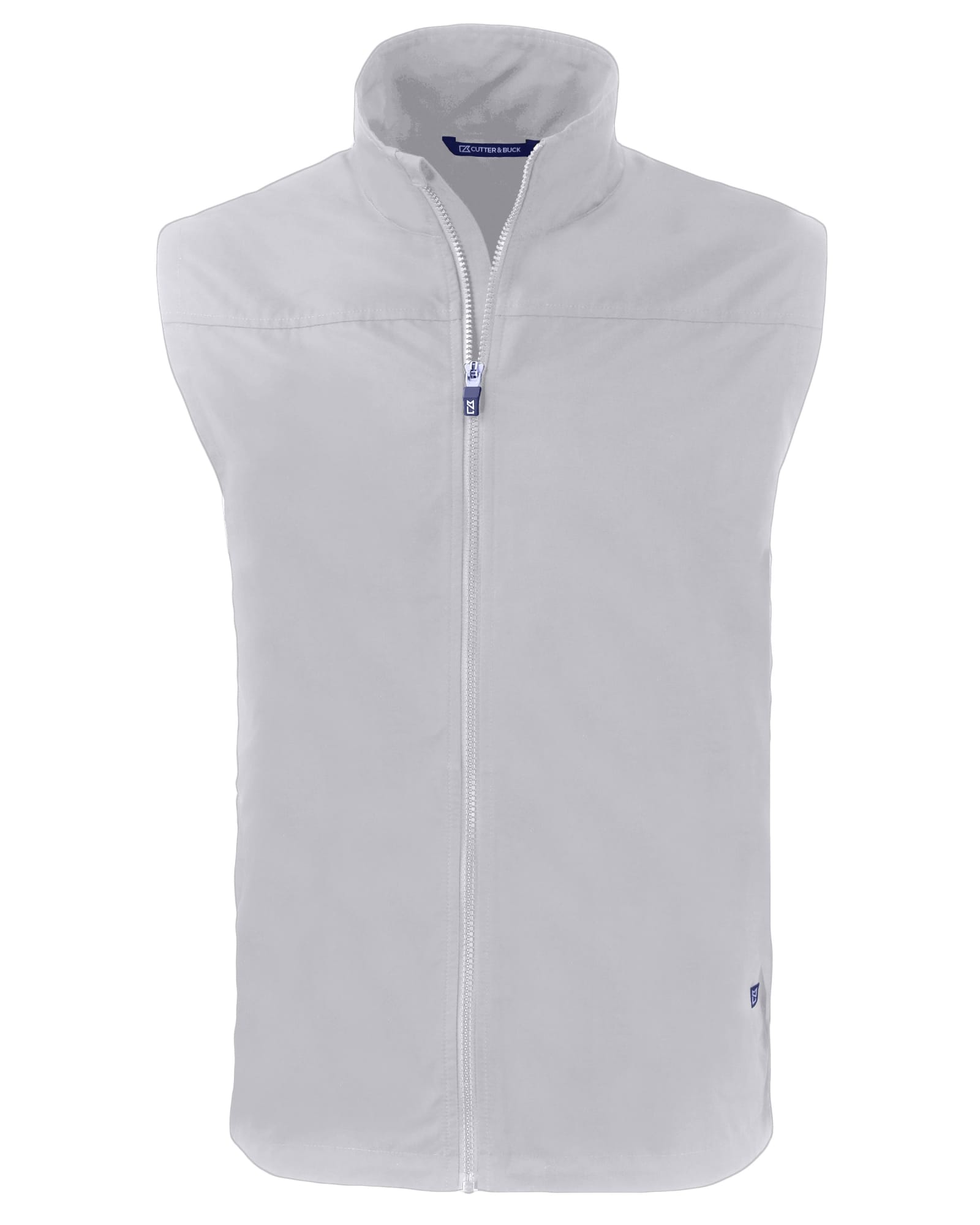 A grey men's eco vest with a high collar and front zip, featuring a logo on the side.