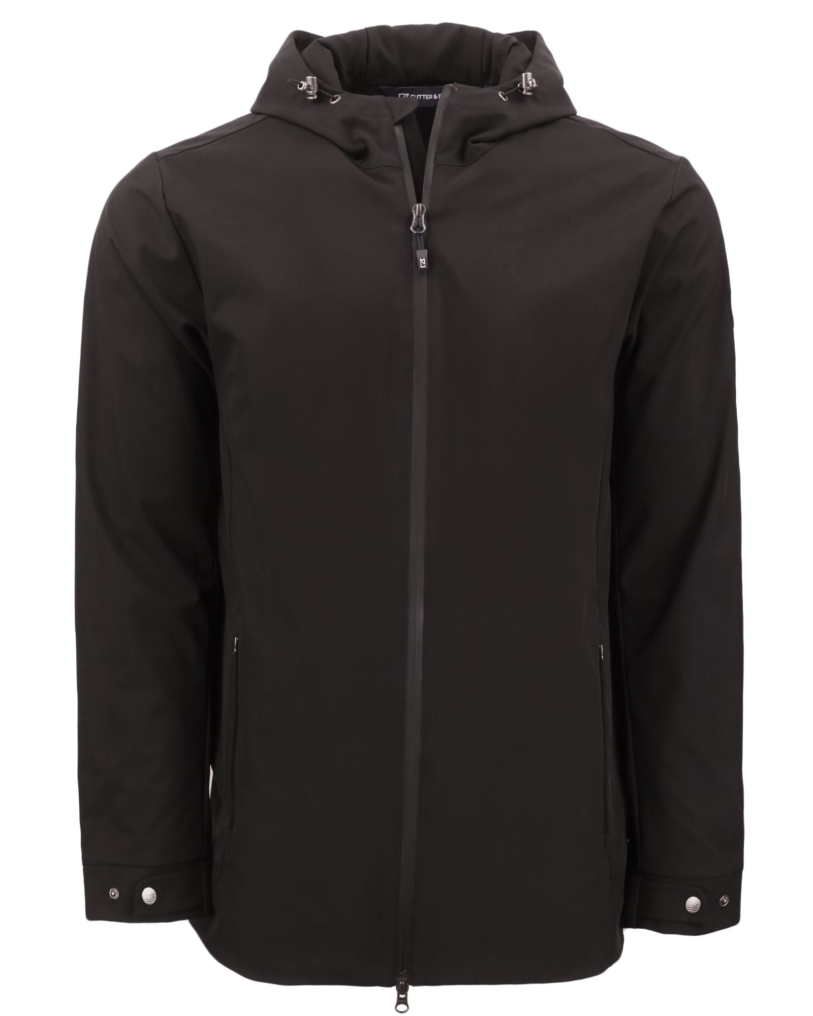 A black men's rain jacket with a hood, featuring a zip front and side pockets, complete with branding.