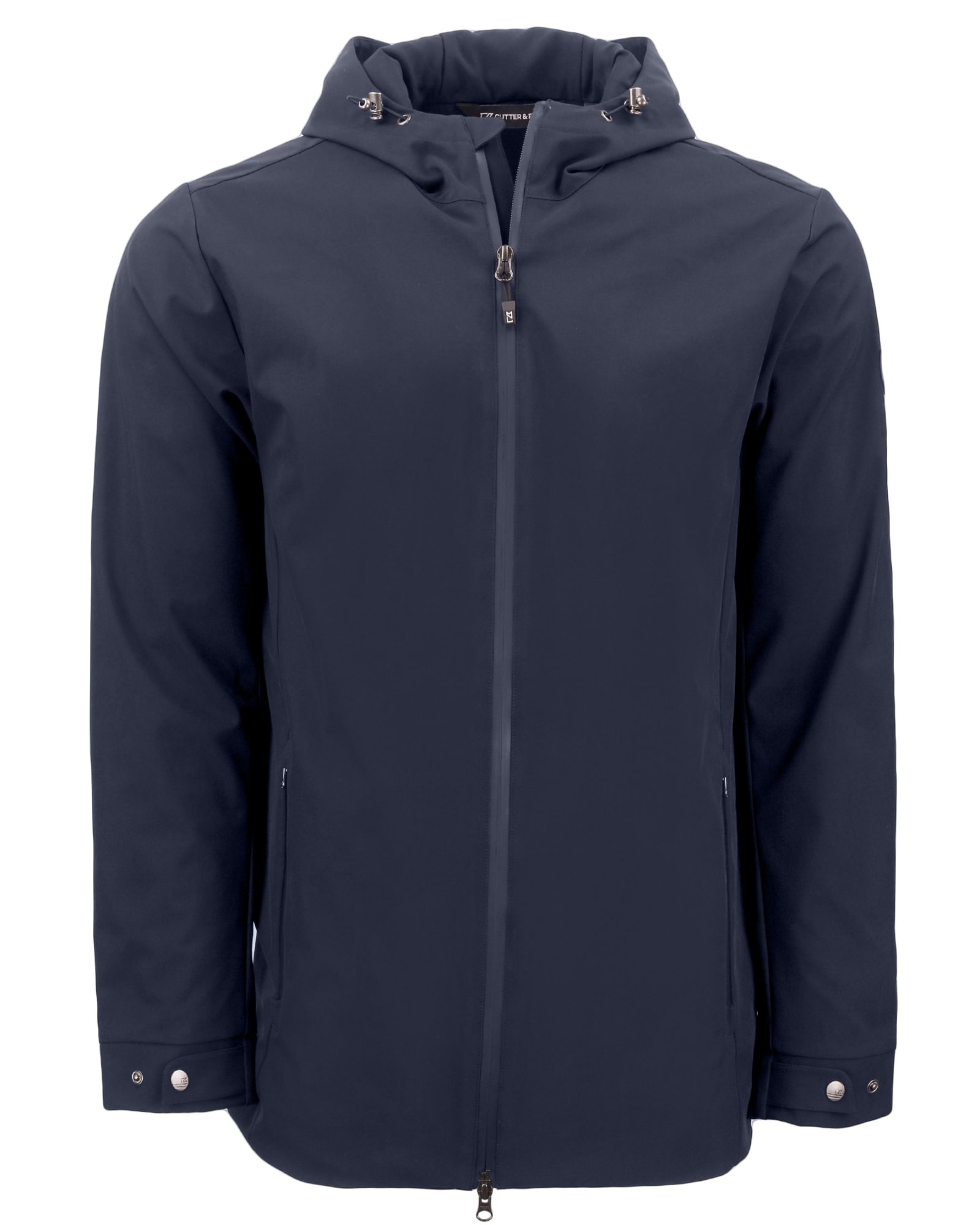A navy blue men's rain jacket with a hood, zippered front, and side pockets, featuring a logo.
